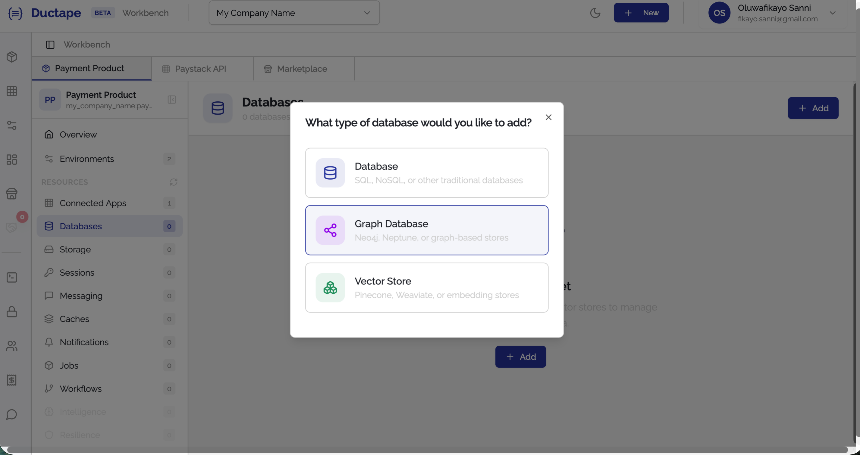 Add resource modal showing database, graph database, and vector store options