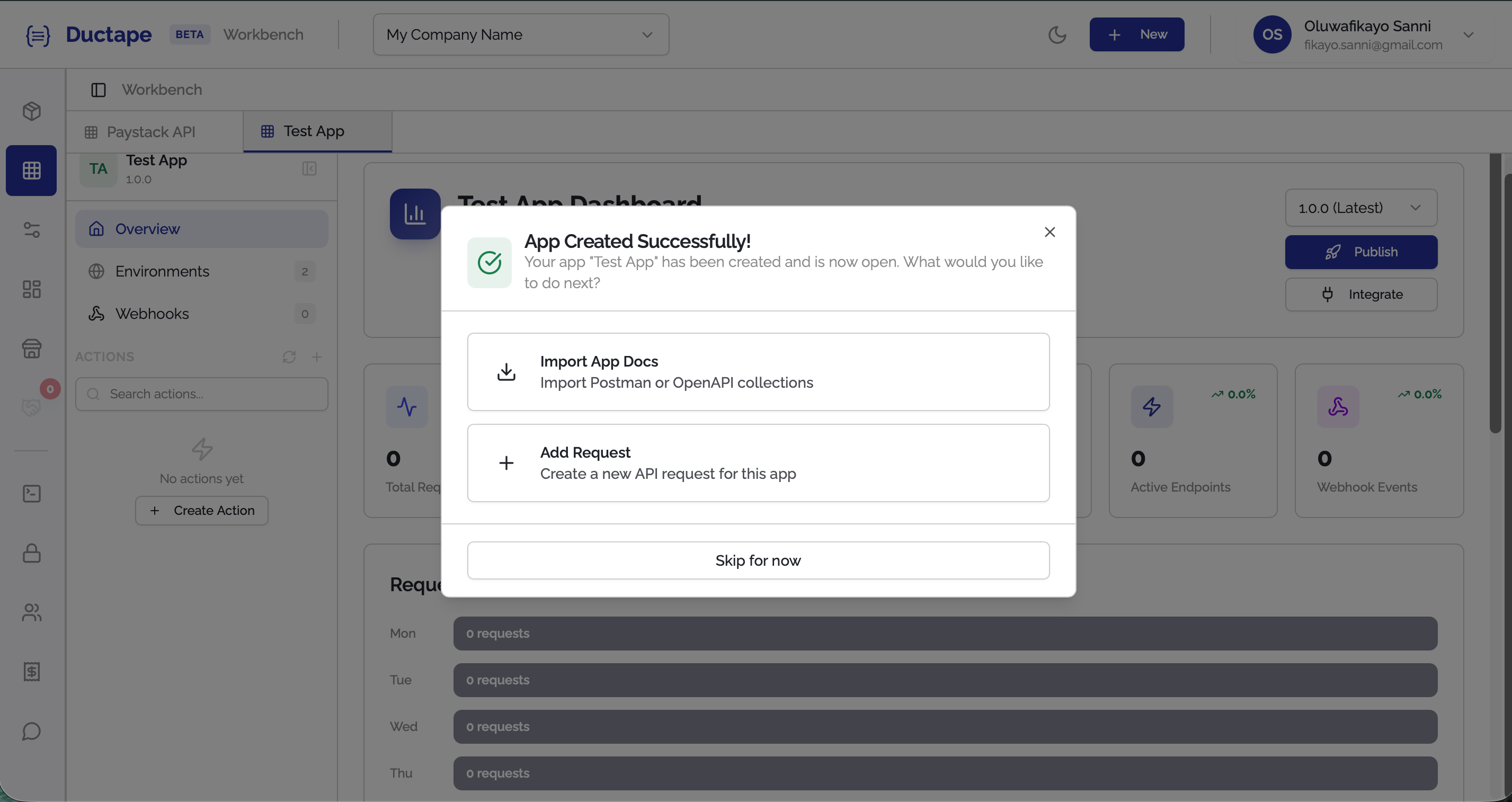 App dashboard after creation showing tabs for Actions, Variables, Auth, and Webhooks