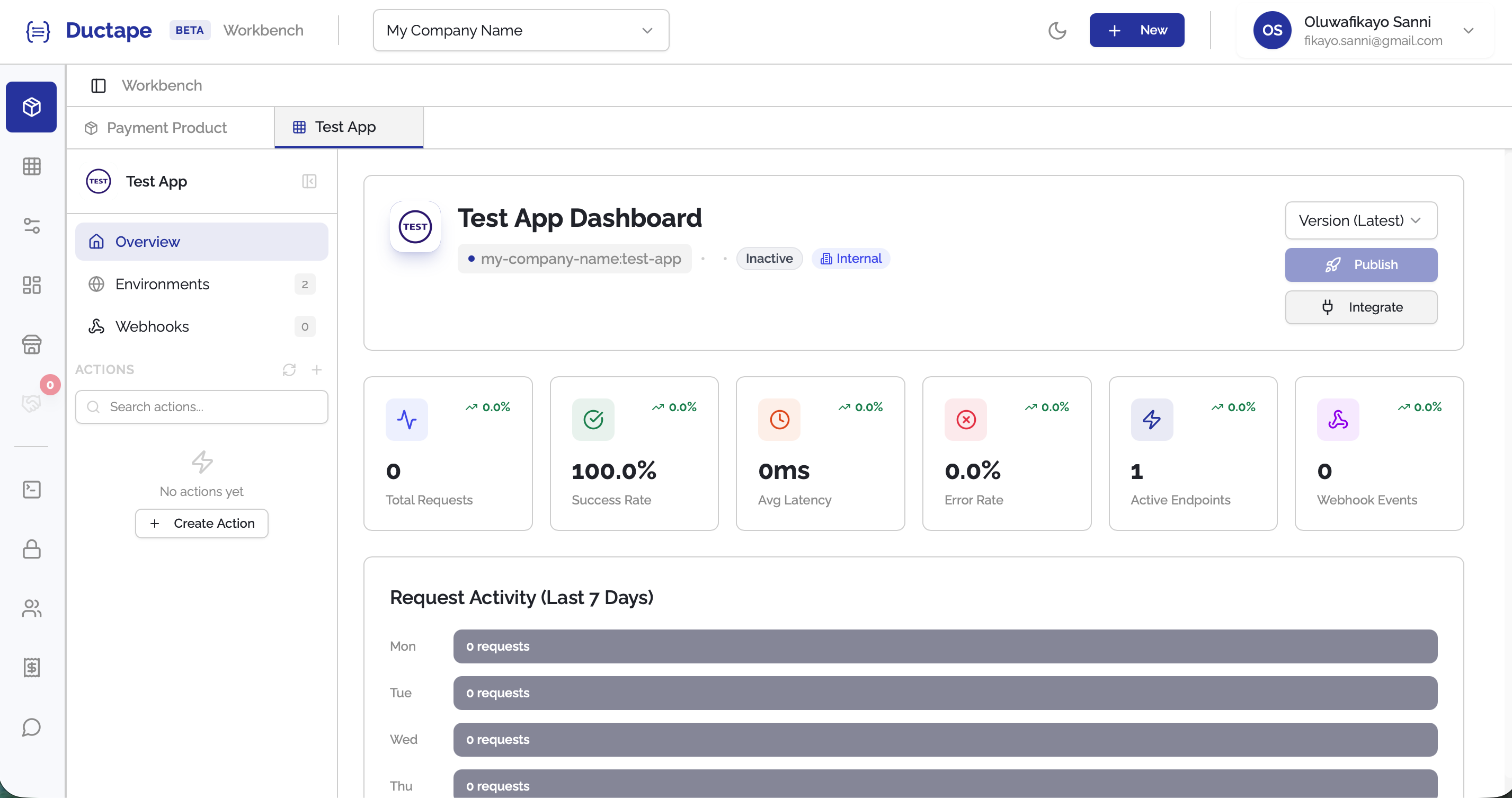 Integrate button on app overview page