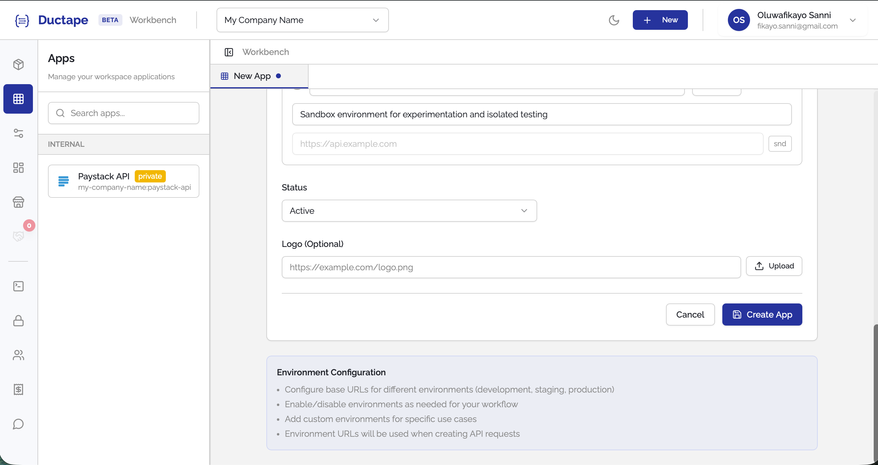 App form showing the logo URL input with an upload button next to it