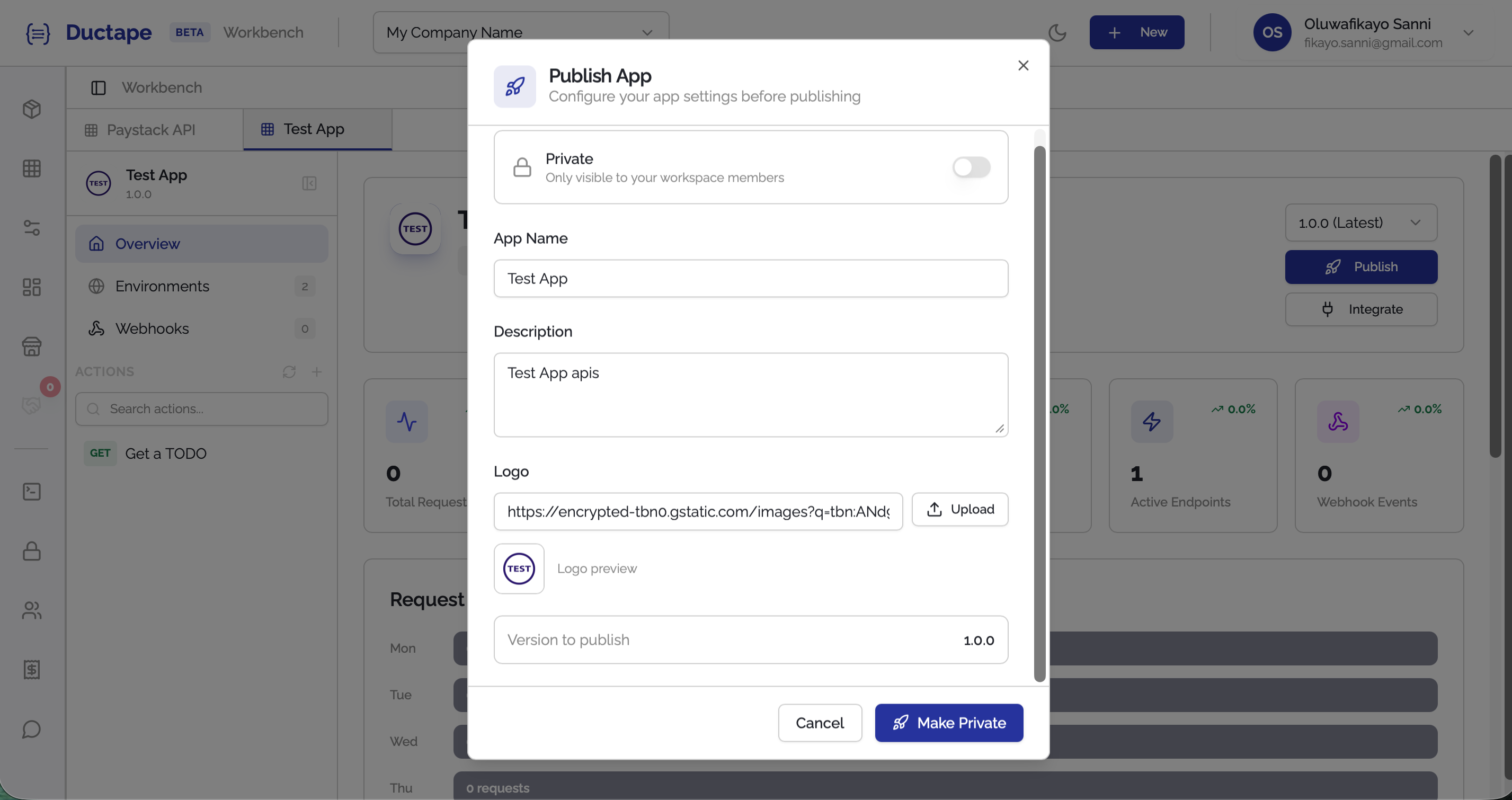 Logo upload section inside publish modal
