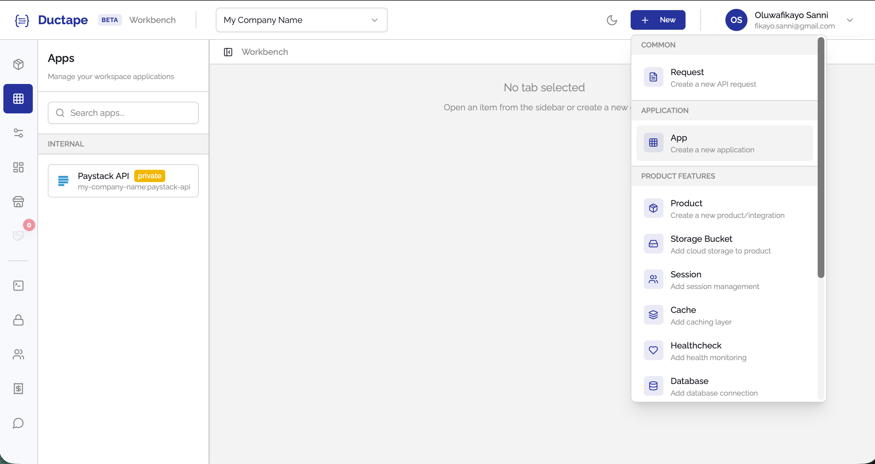 + New dropdown in the top-right header showing creatable asset options