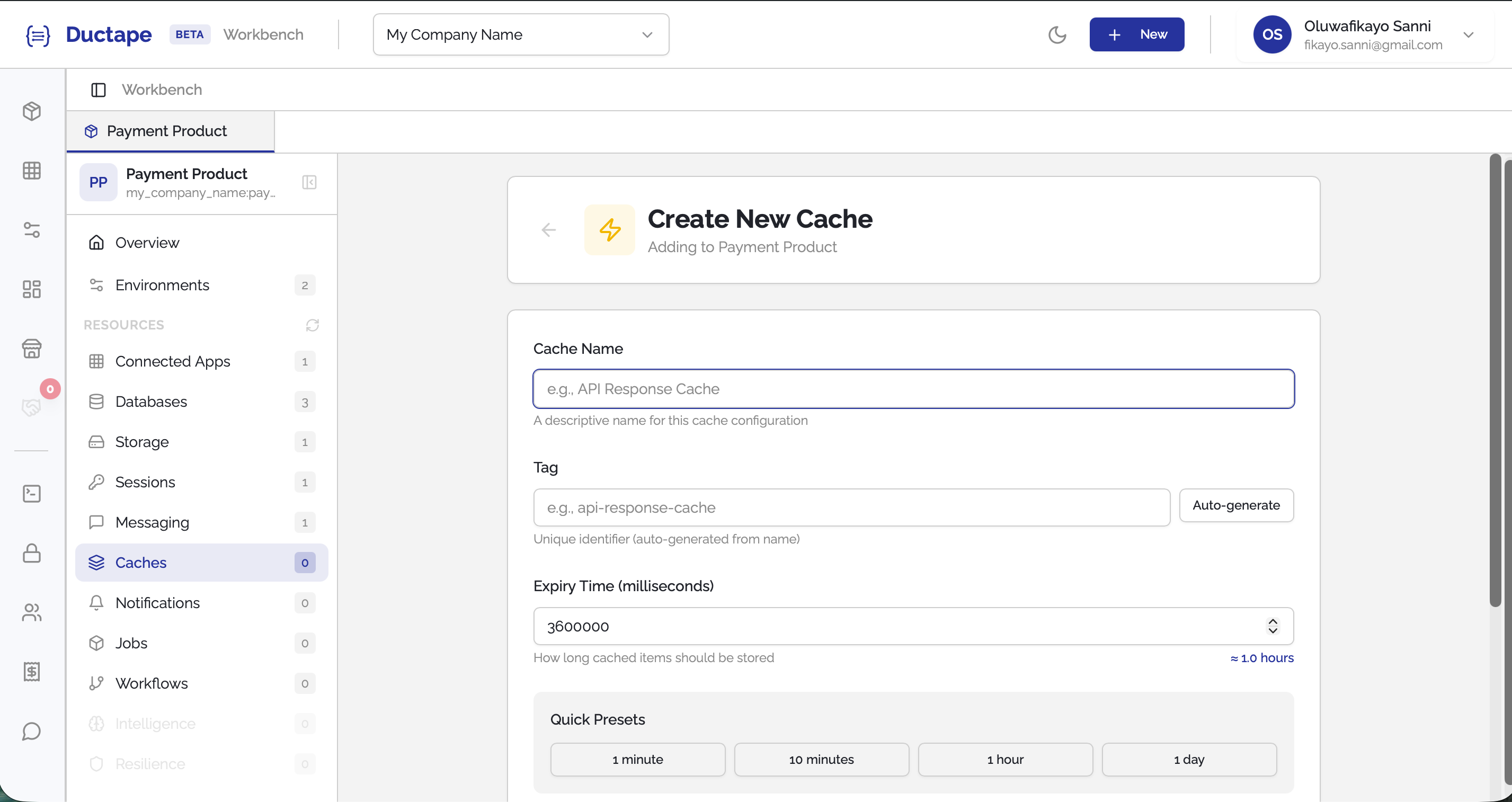 Cache configuration form showing name, tag, and expiry fields