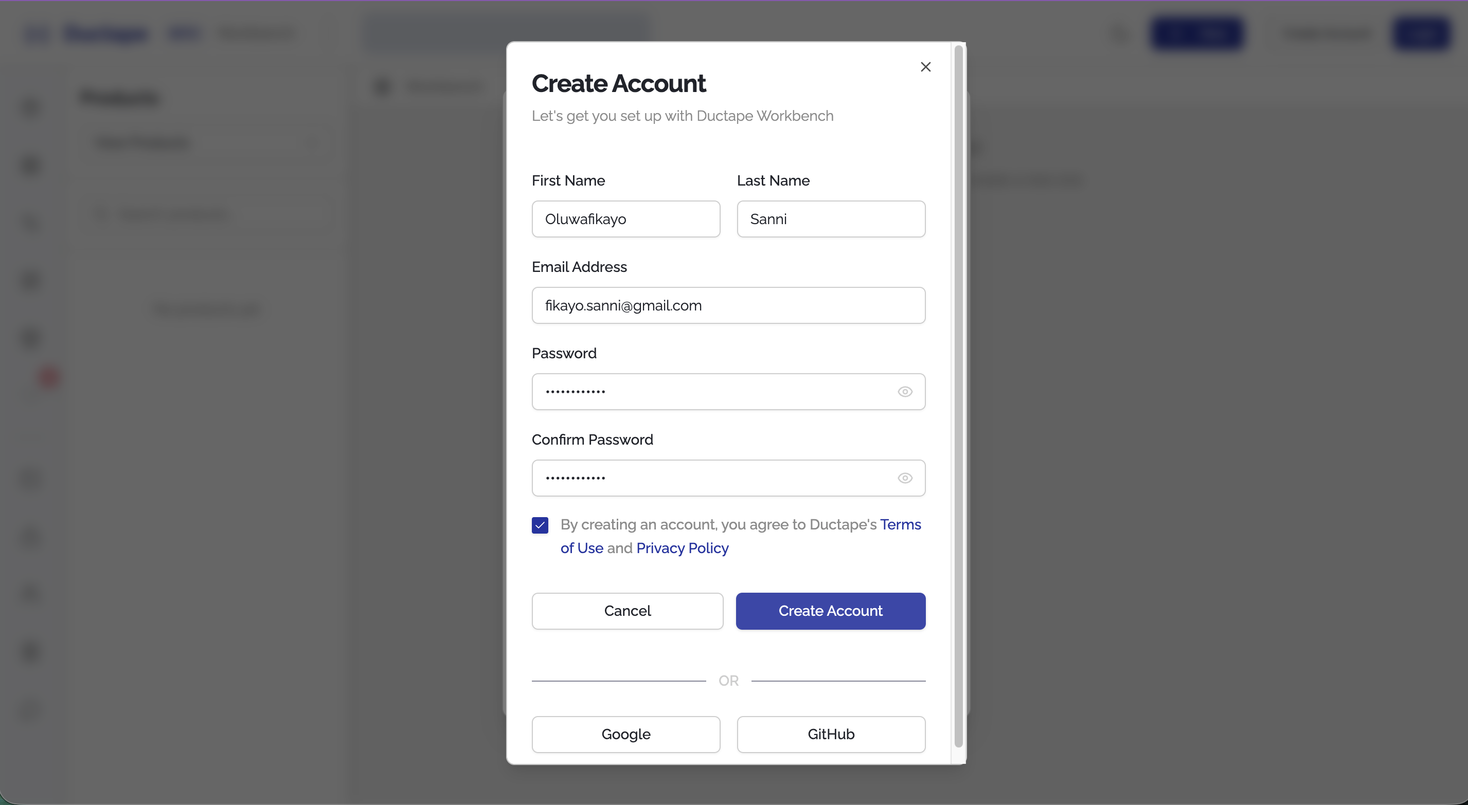 Registration form showing Full Name, Email, Password, and Confirm Password fields with a Register button