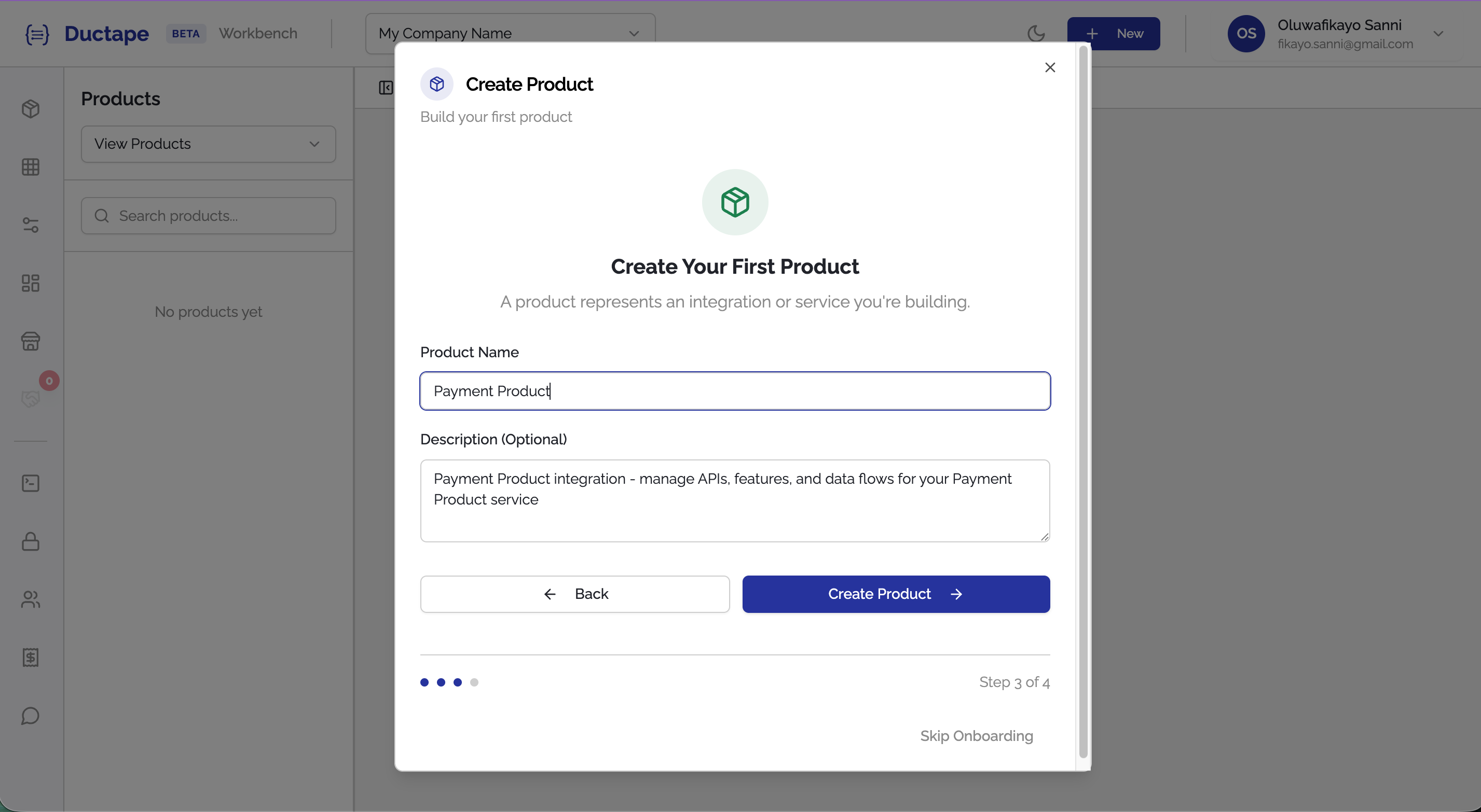 Create product modal with Product Name and Description fields