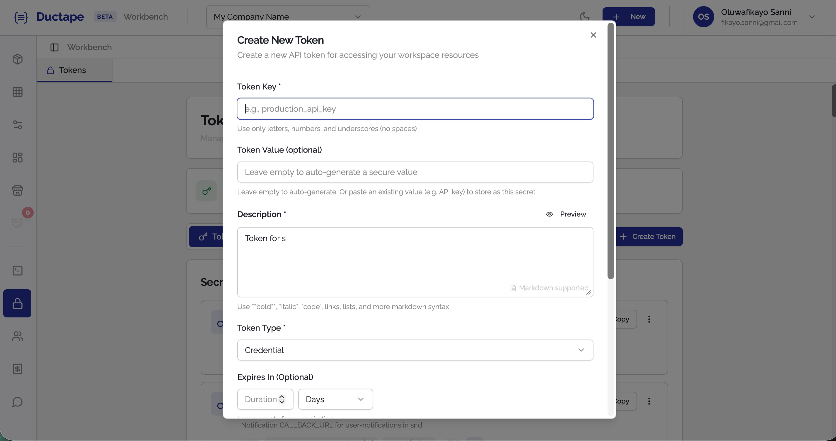 Create token modal showing token configuration fields