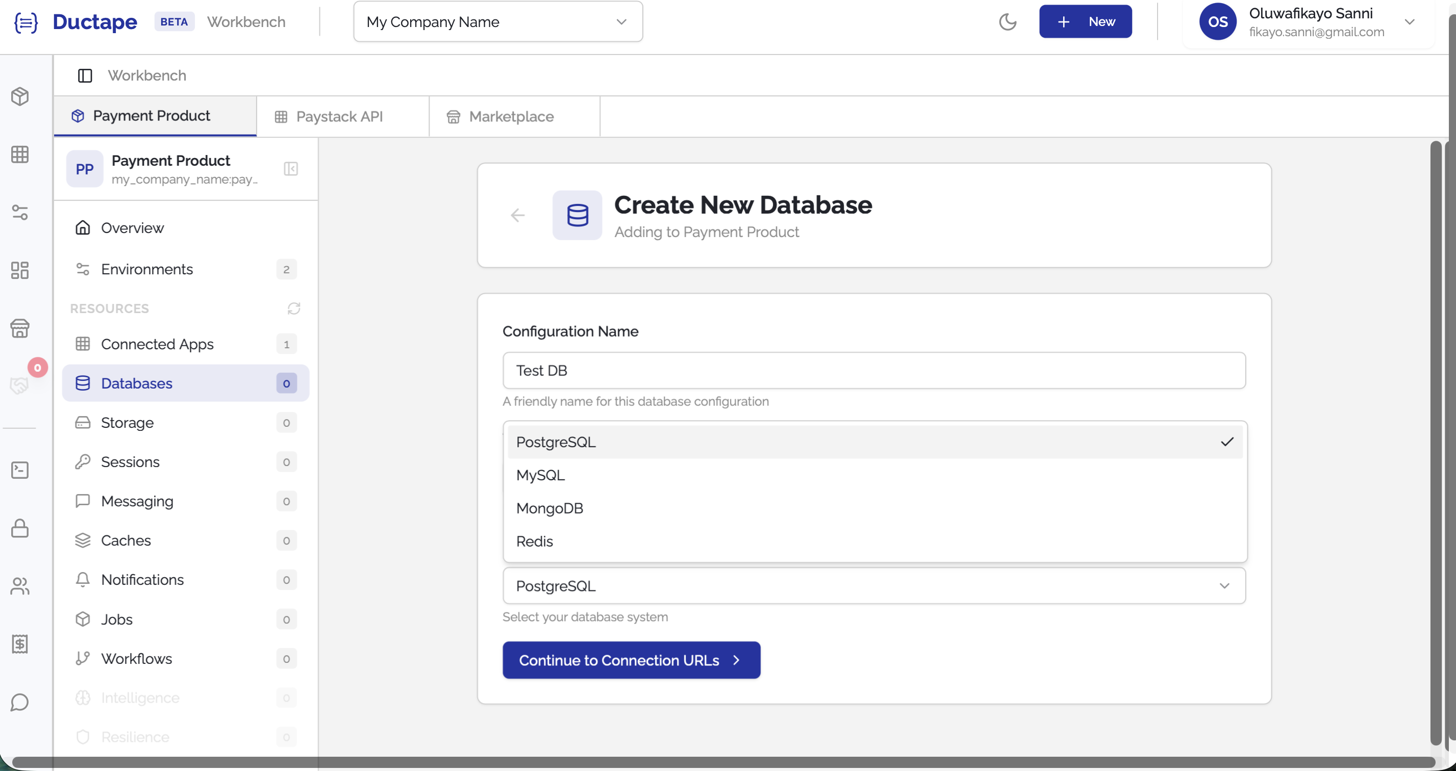 Database configuration form showing name, tag, and database type