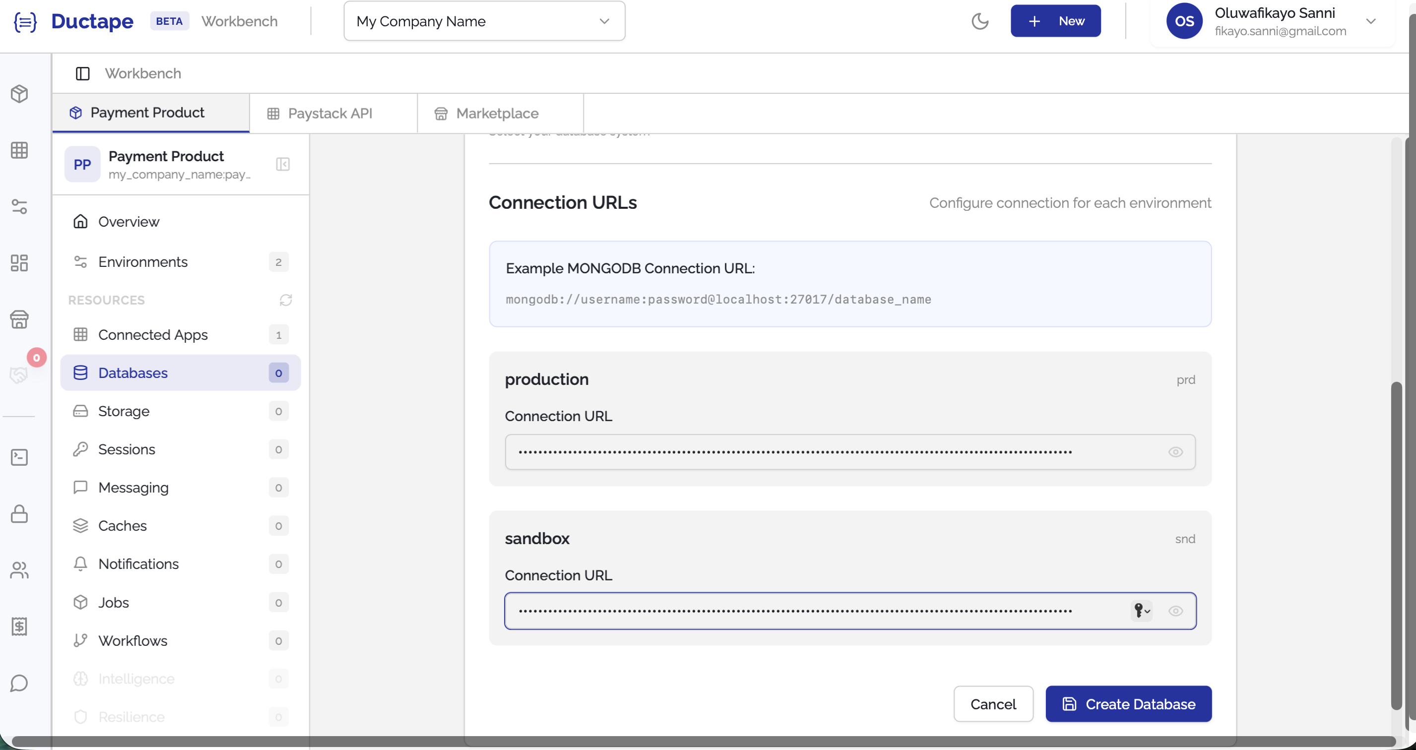 Connection url form for database setup