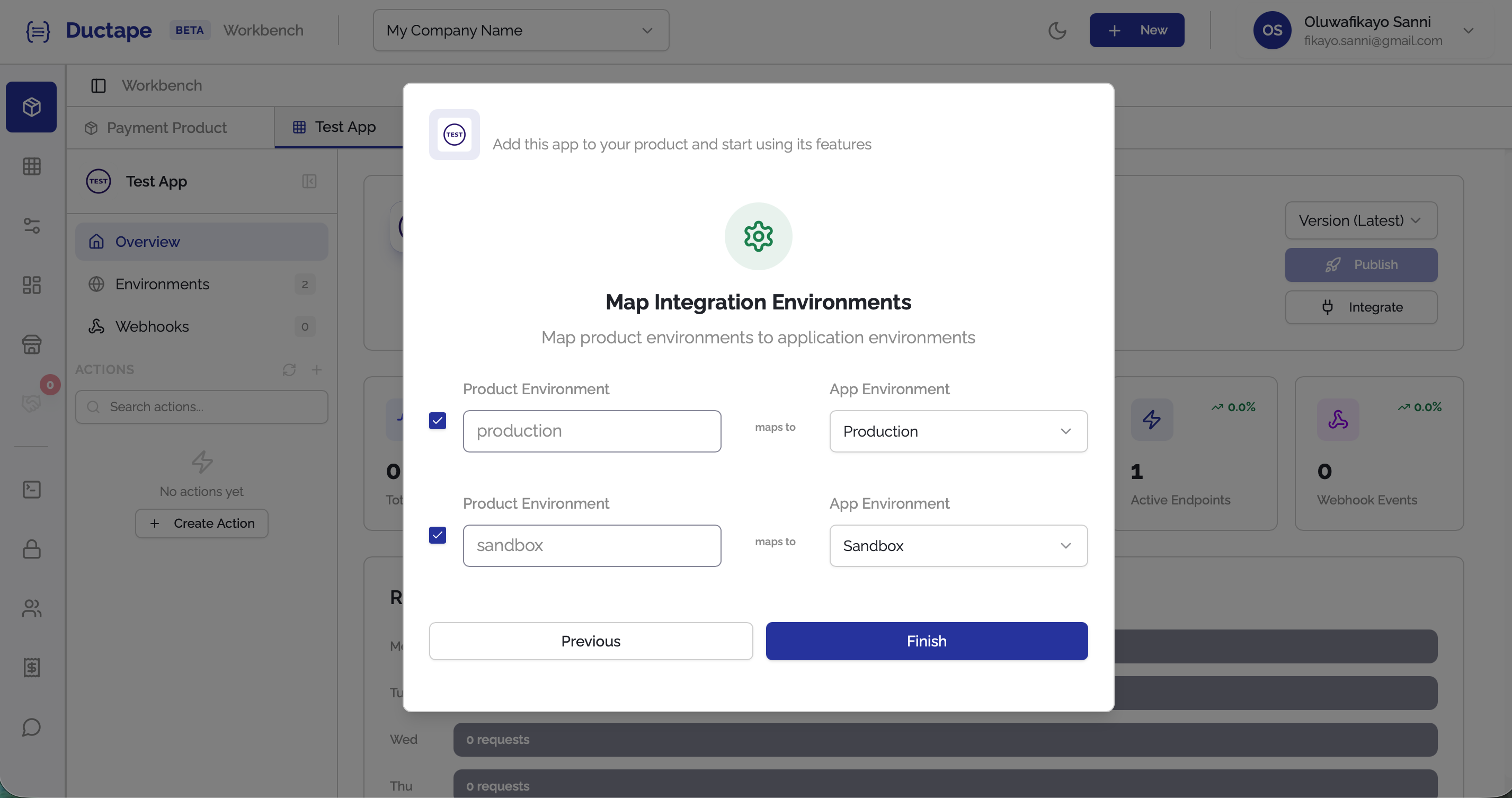 Environment mapping modal showing product and app environments