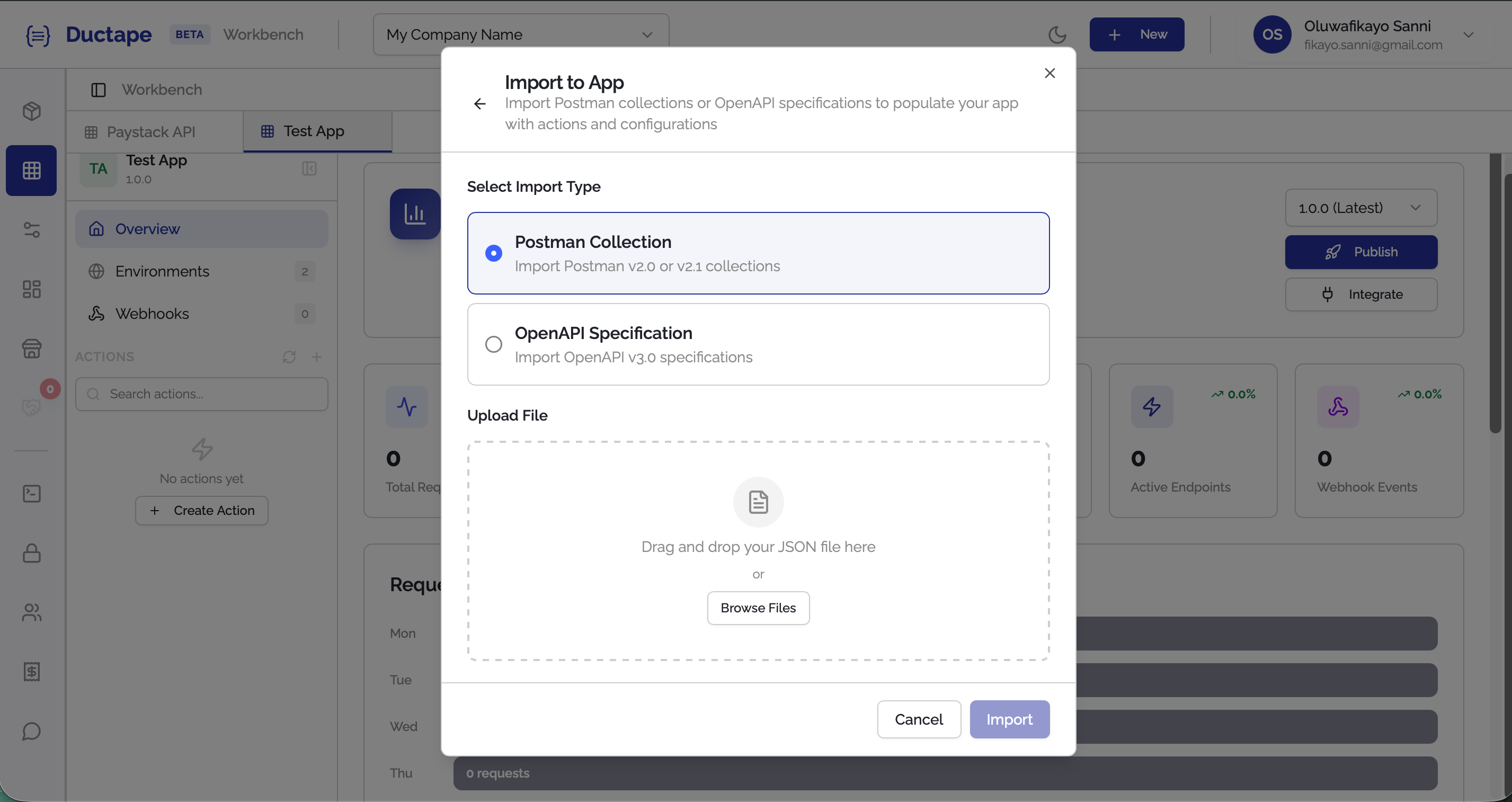 Import documentation screen showing Postman and OpenAPI options