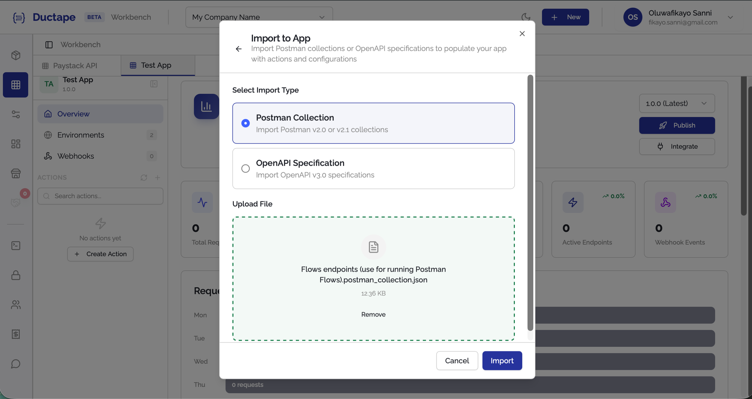 Documentation upload screen with file selector