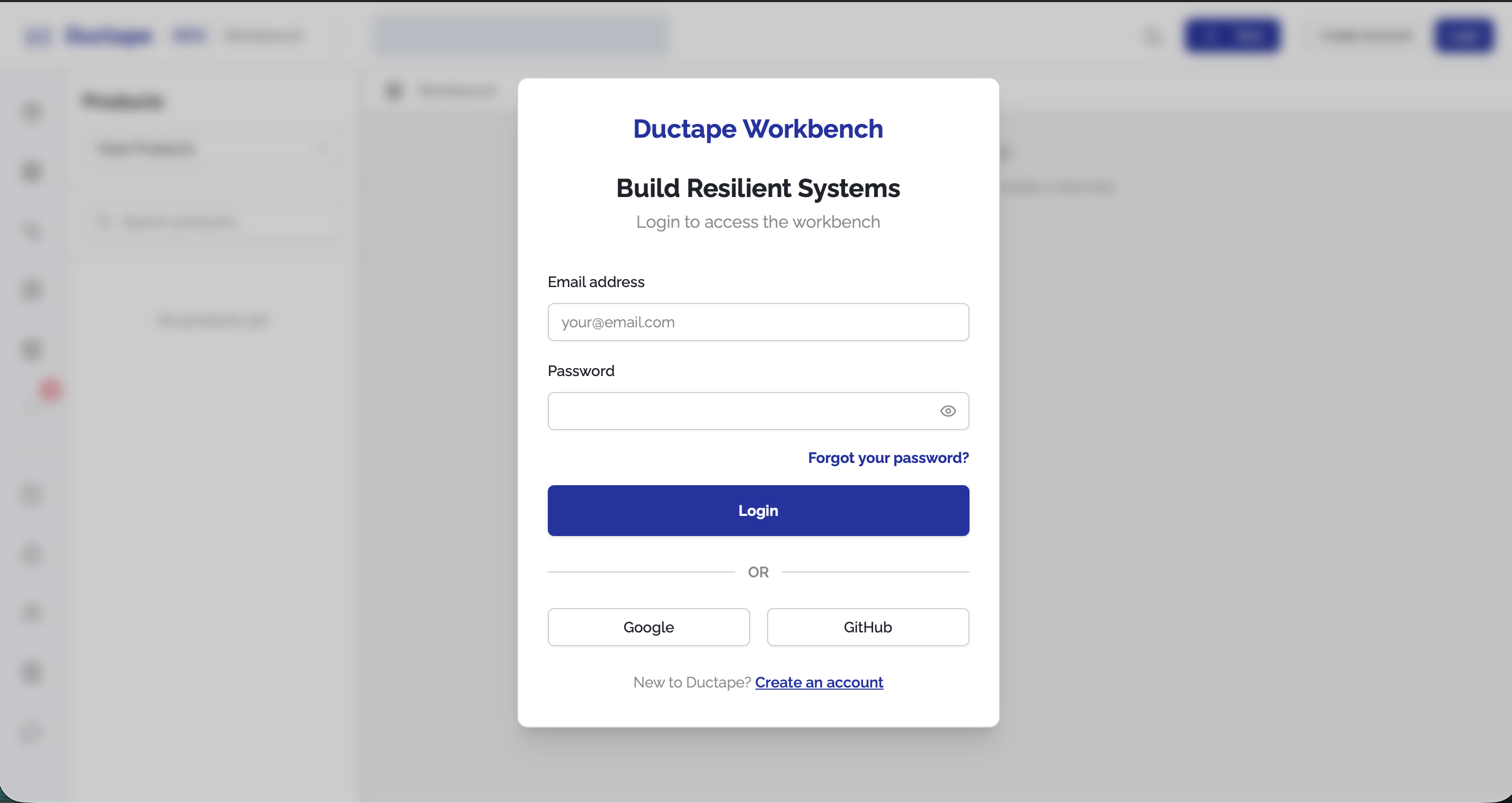 Login modal showing email/password fields and Google and GitHub login buttons