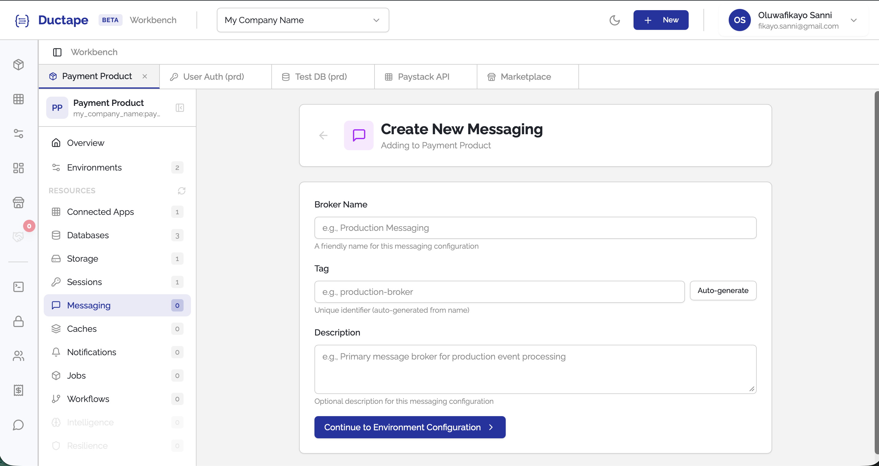 Messaging configuration form showing name and tag fields