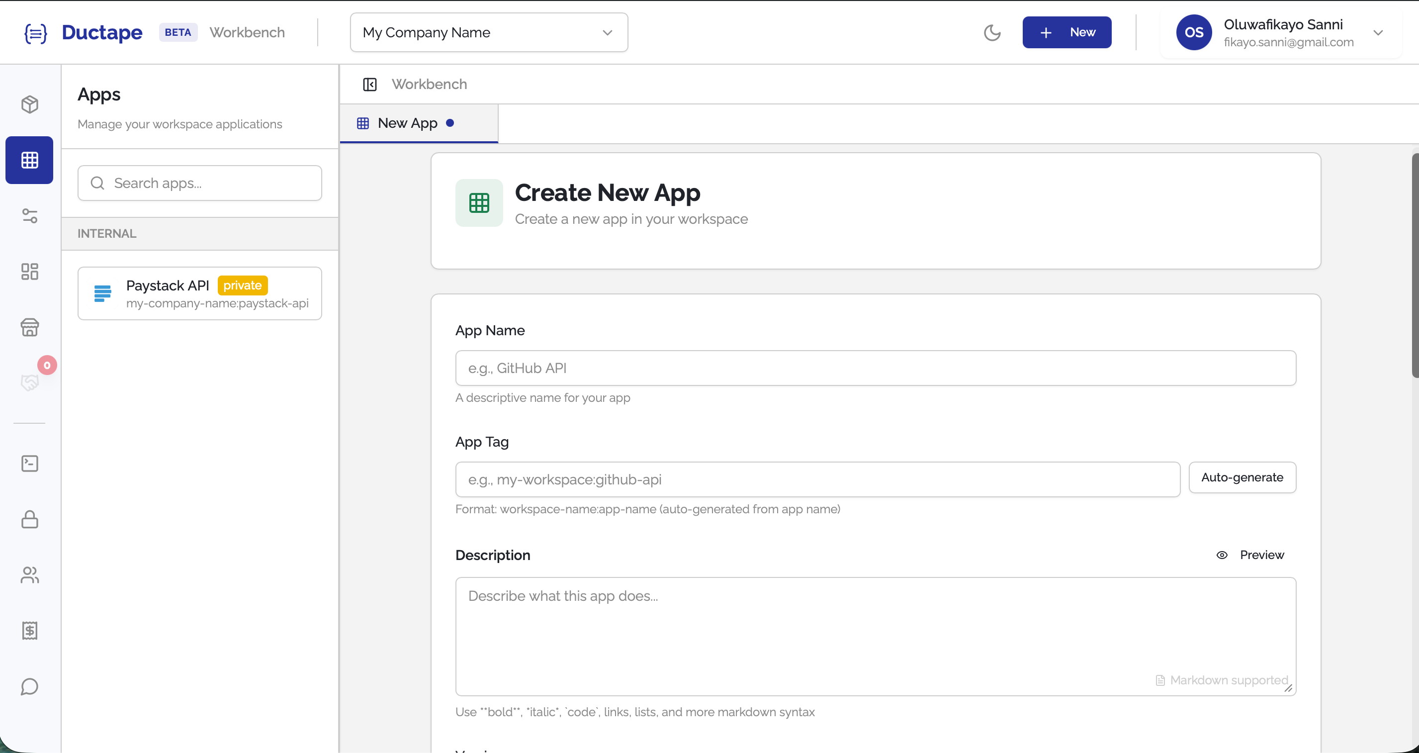 New App tab opened in the main content area