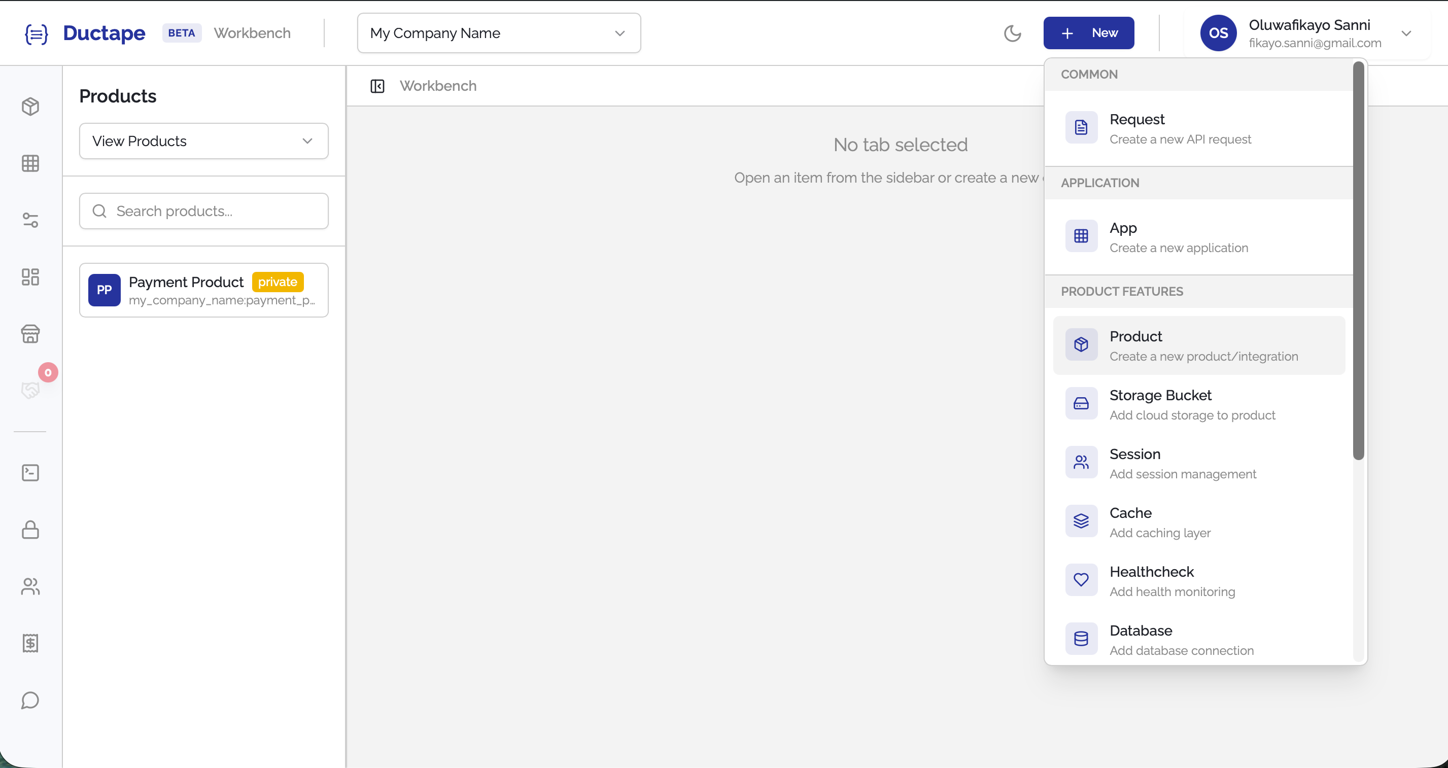 + New dropdown in the top-right header showing creatable asset options