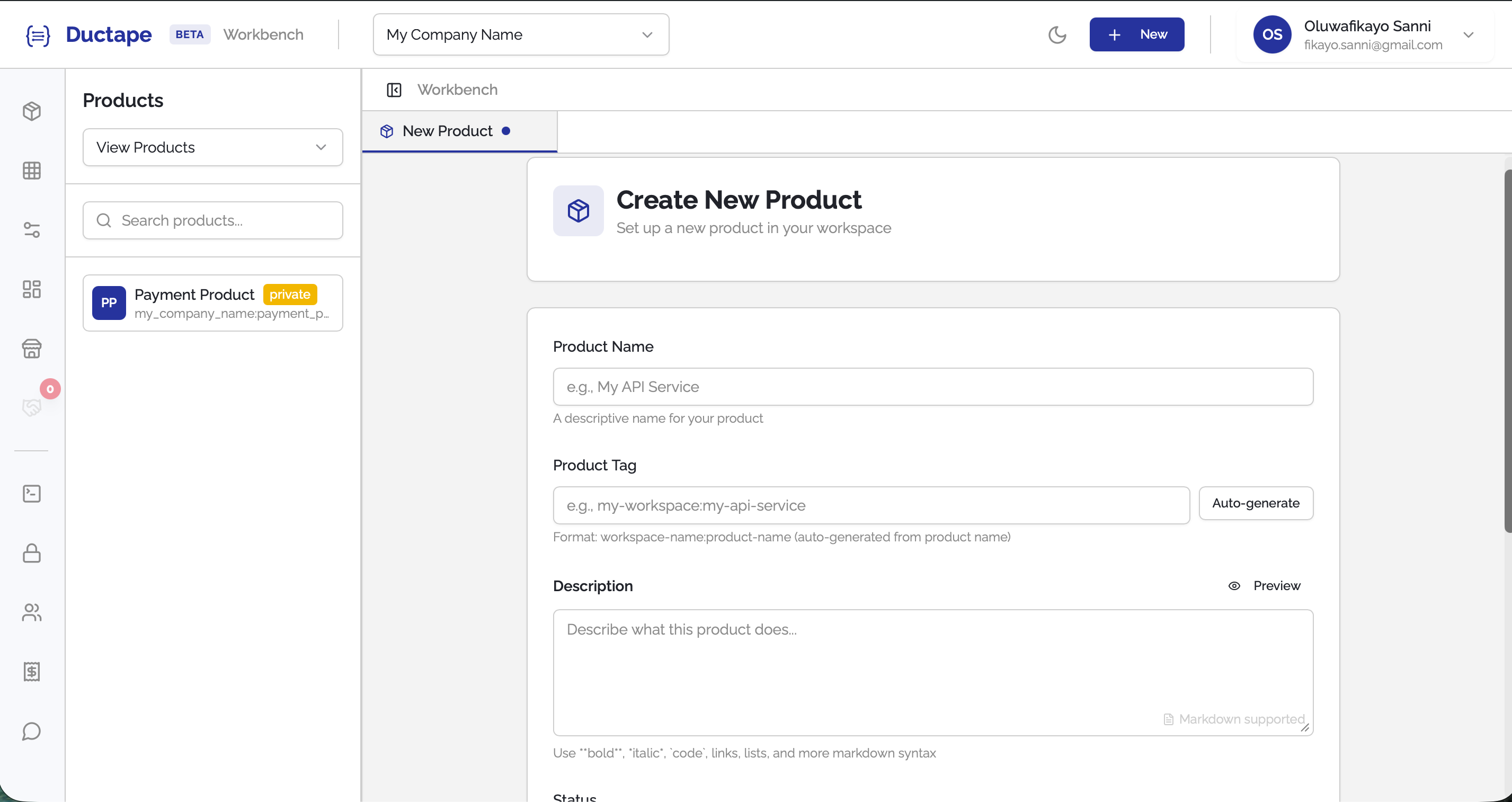 New Product tab opened in the main content area