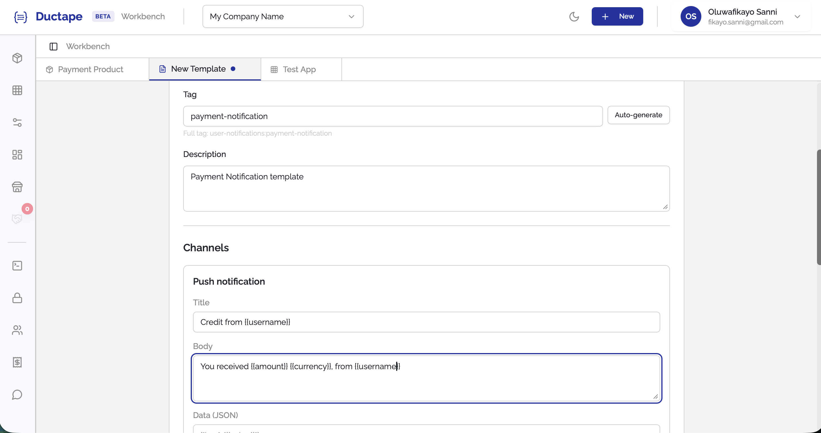 Notification template editor showing channel-specific template fields