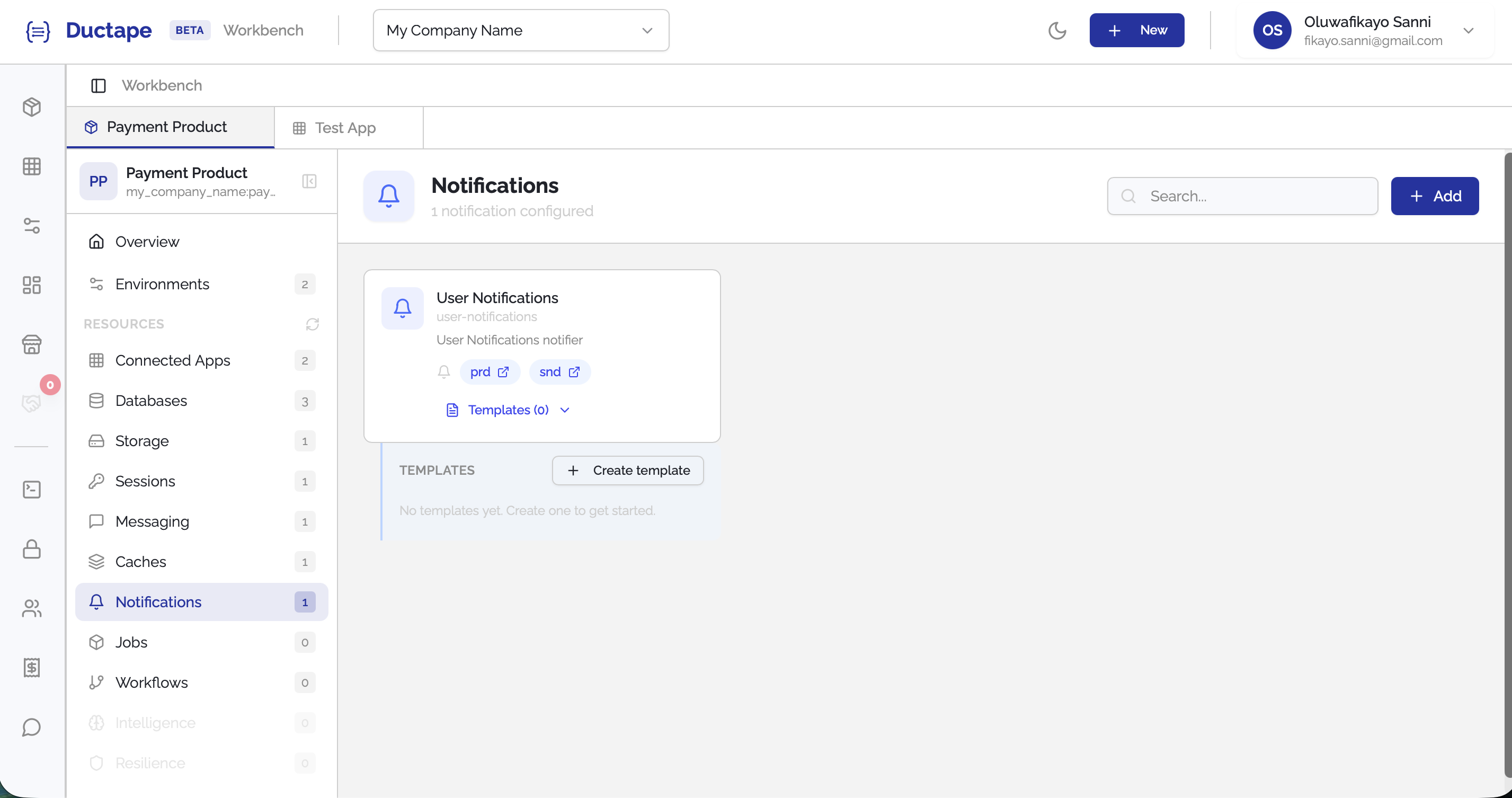 Notification templates list showing empty state