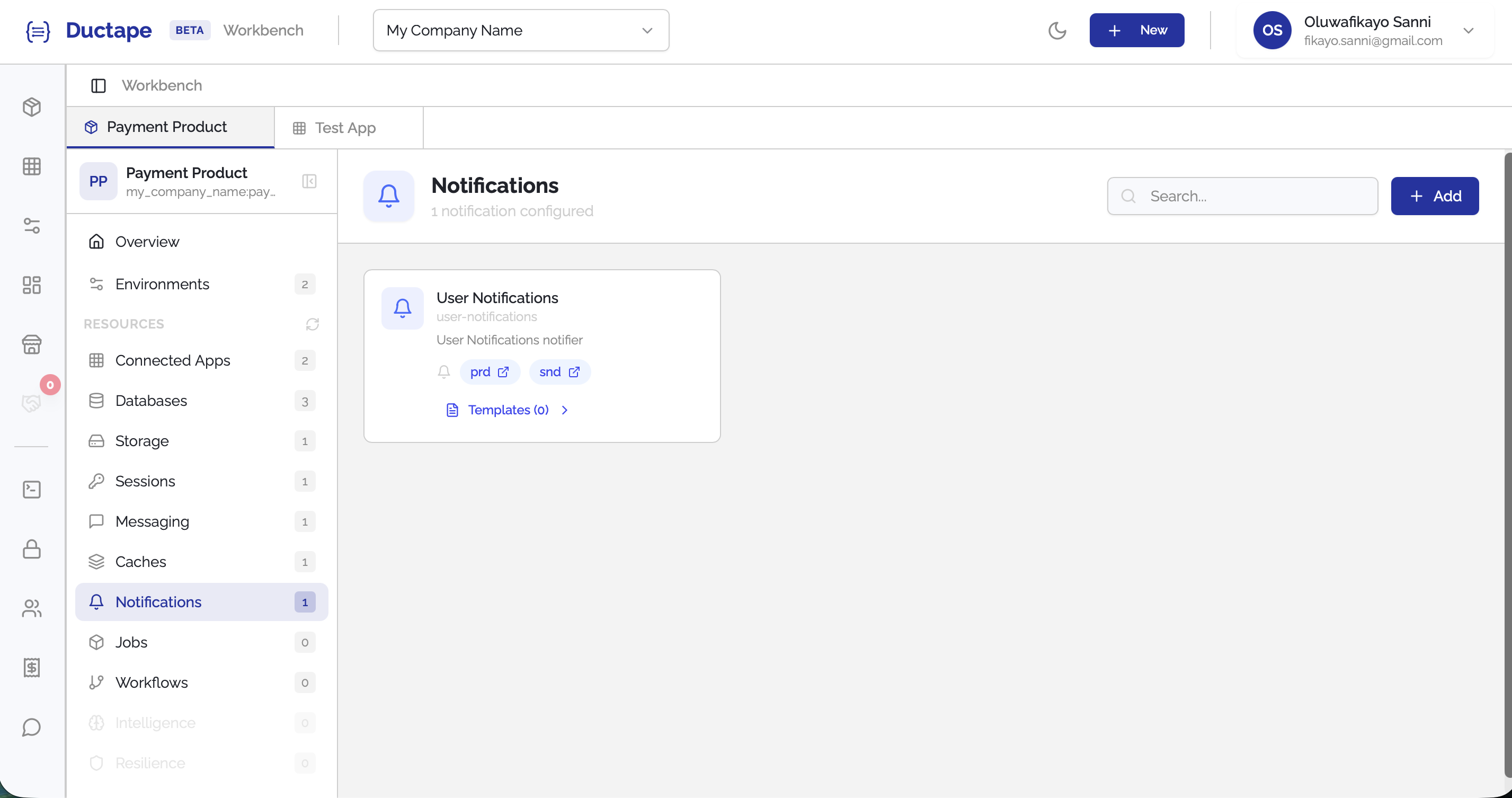 Notifications list showing newly created notification configuration