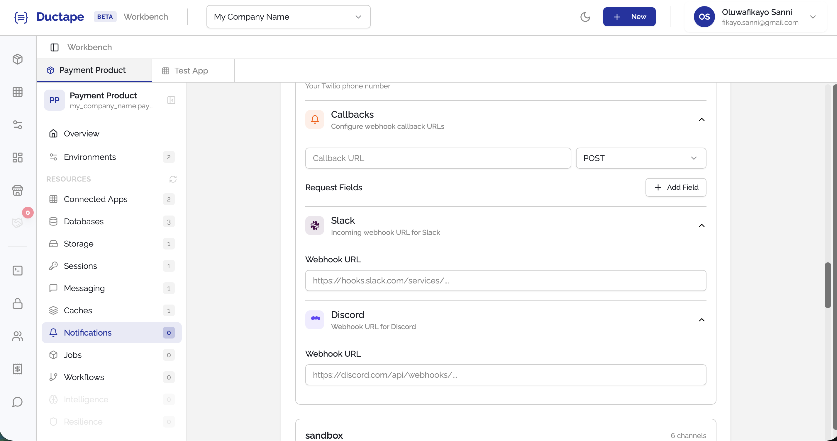 Callback configuration showing url and expected body fields