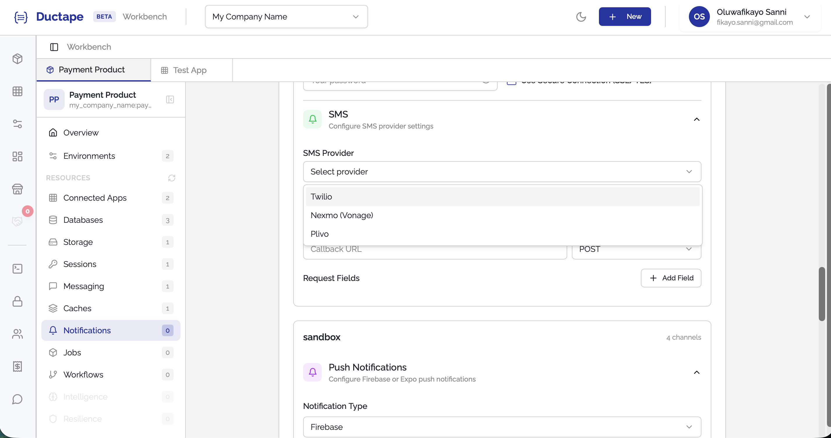 SMS provider configuration showing twilio next and plivo options