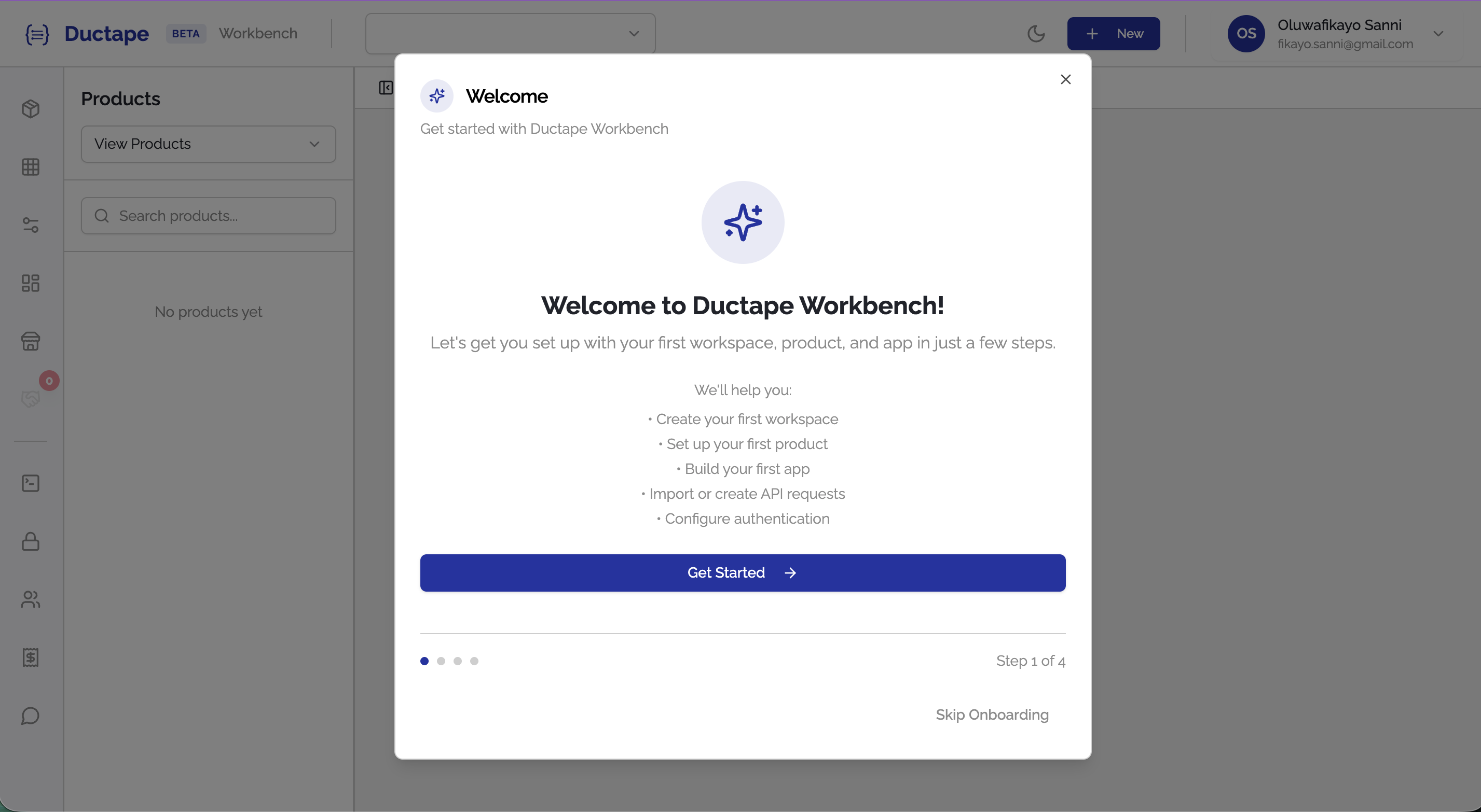 Onboarding welcome modal with a Get Started button
