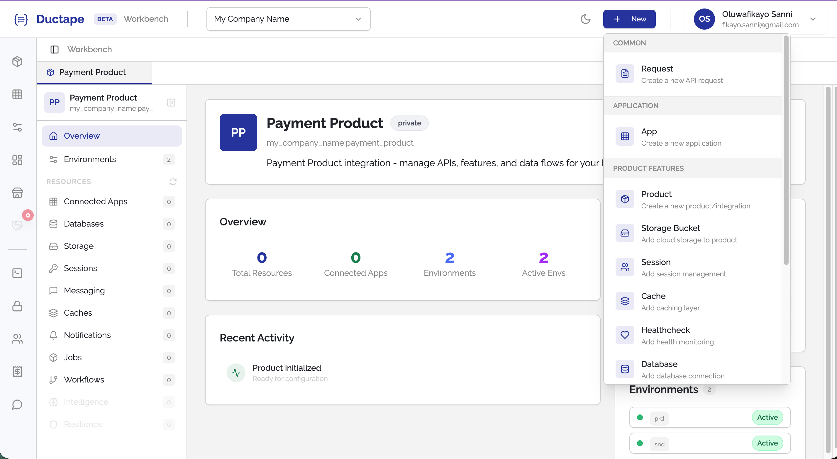 Product dashboard loaded on screen with empty configuration tabs