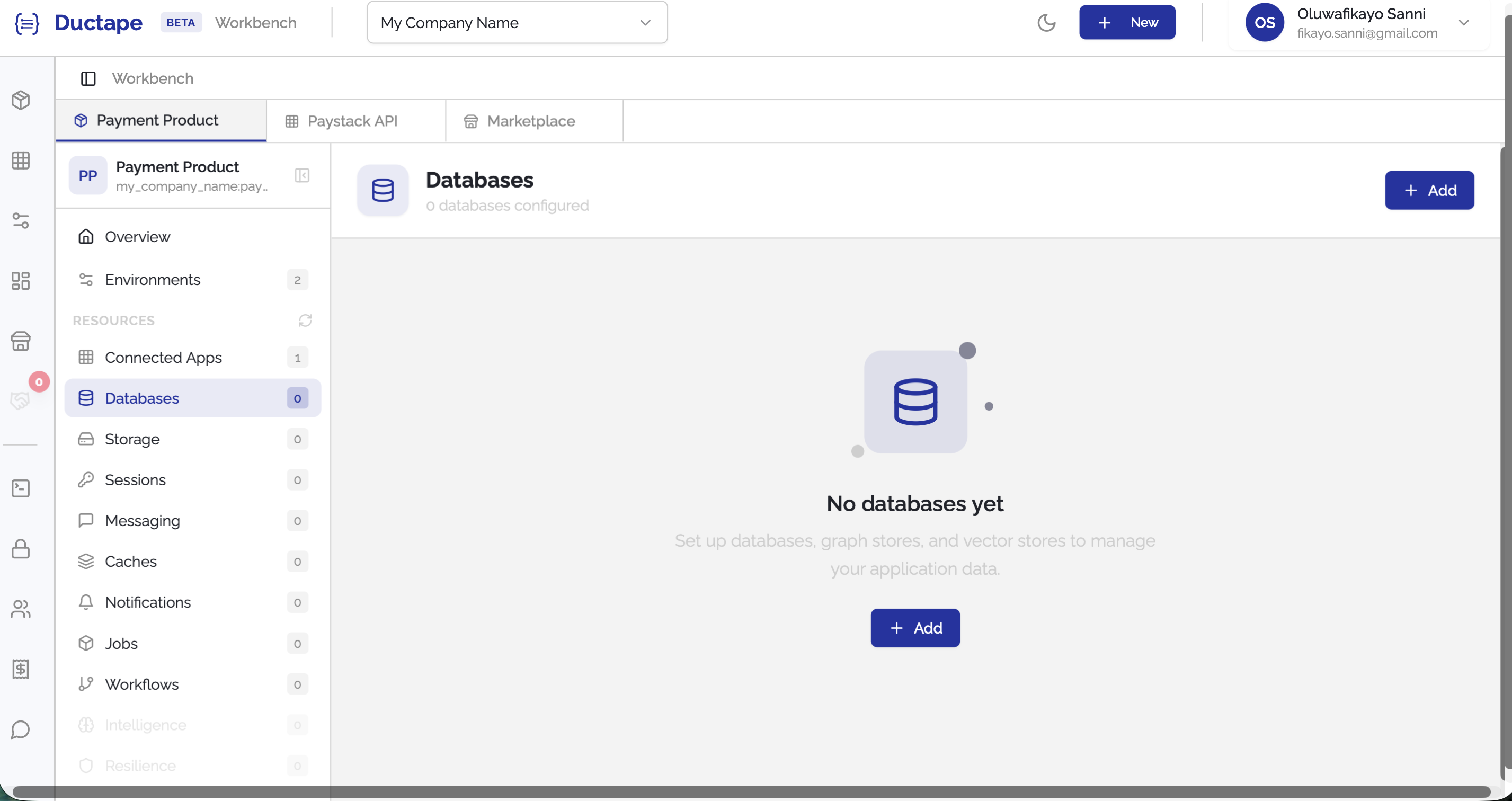 Product sidebar showing database under resources