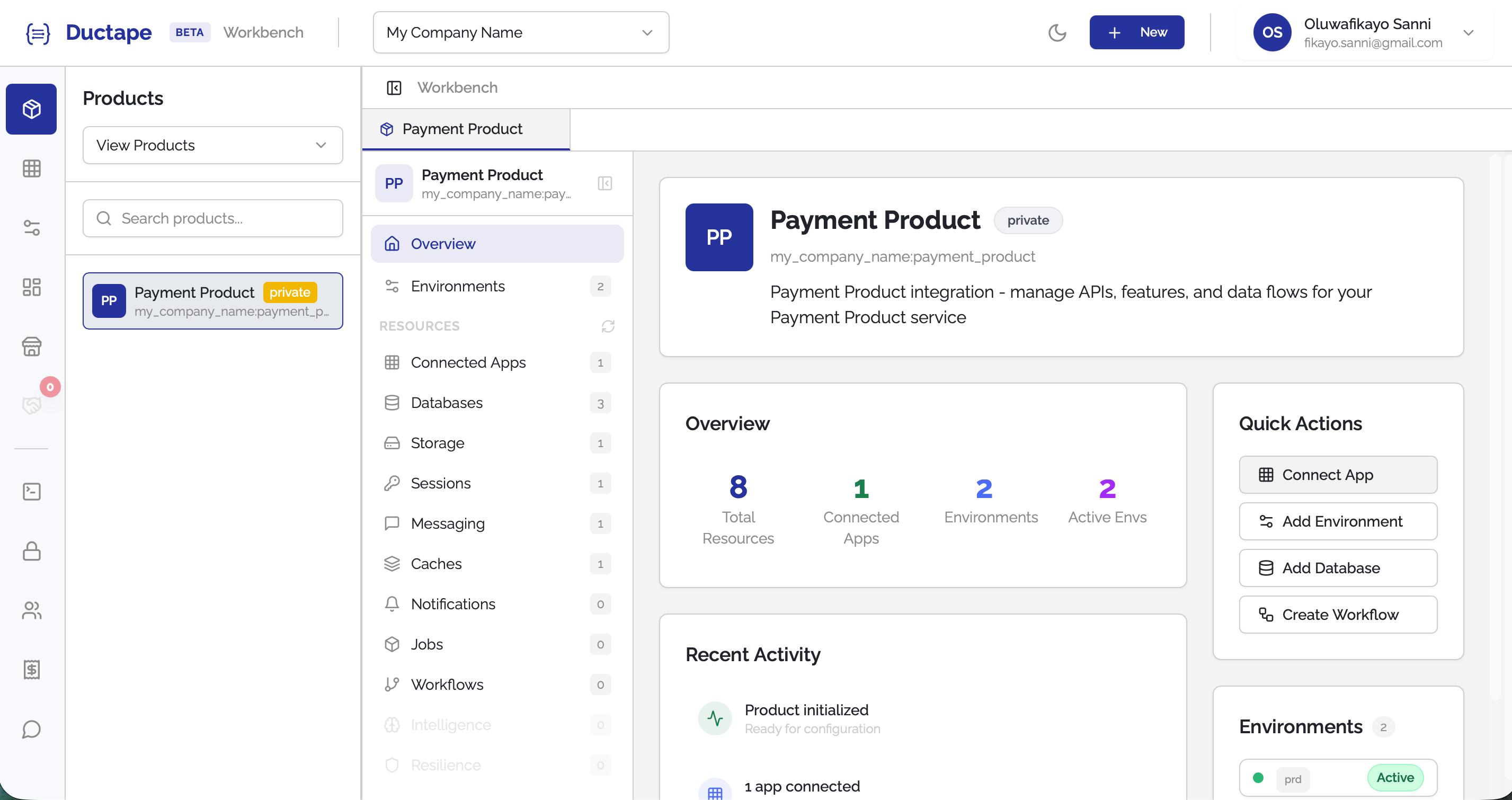 Product overview page showing quick actions section