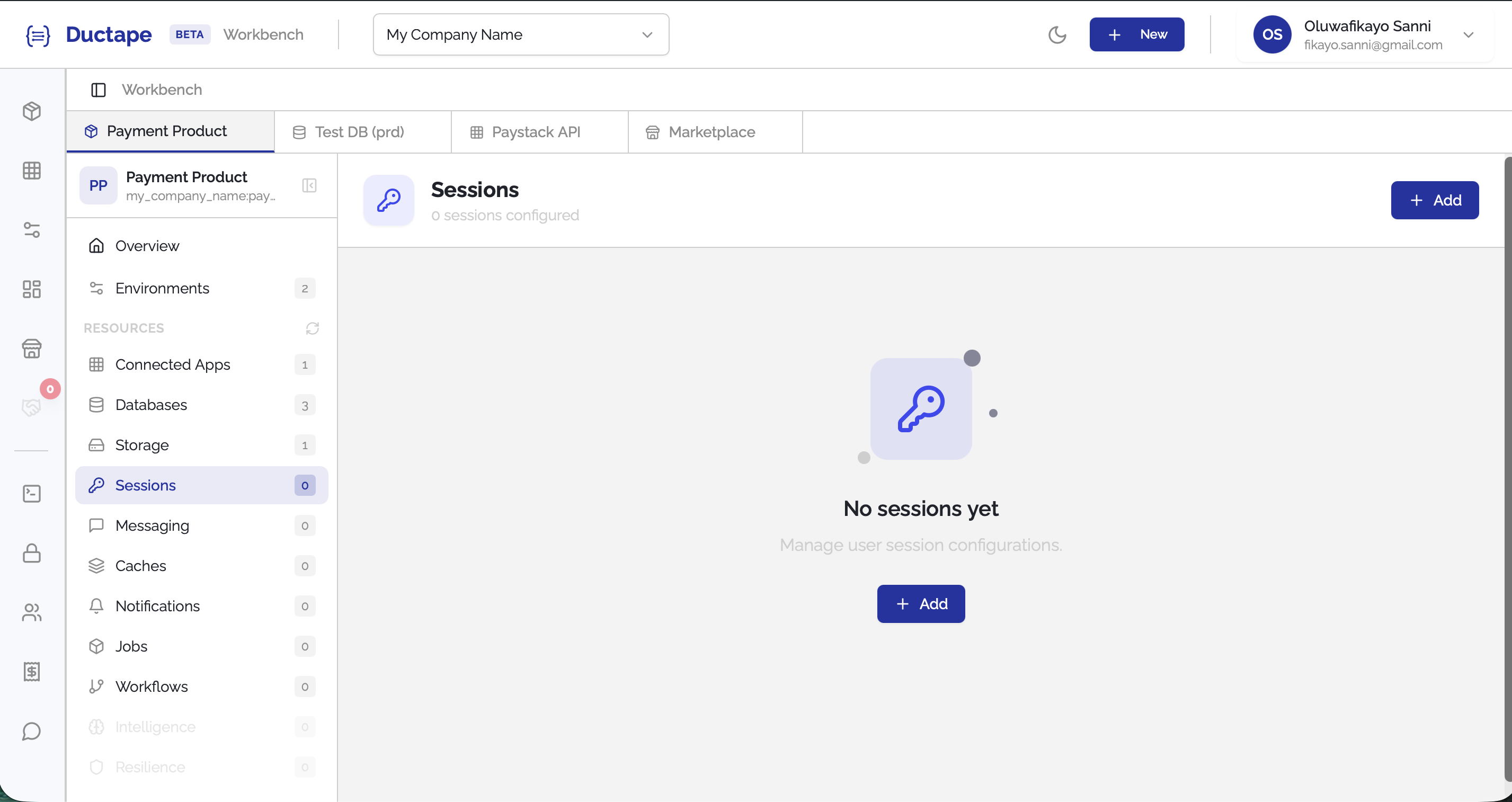 Product sidebar showing sessions under resources