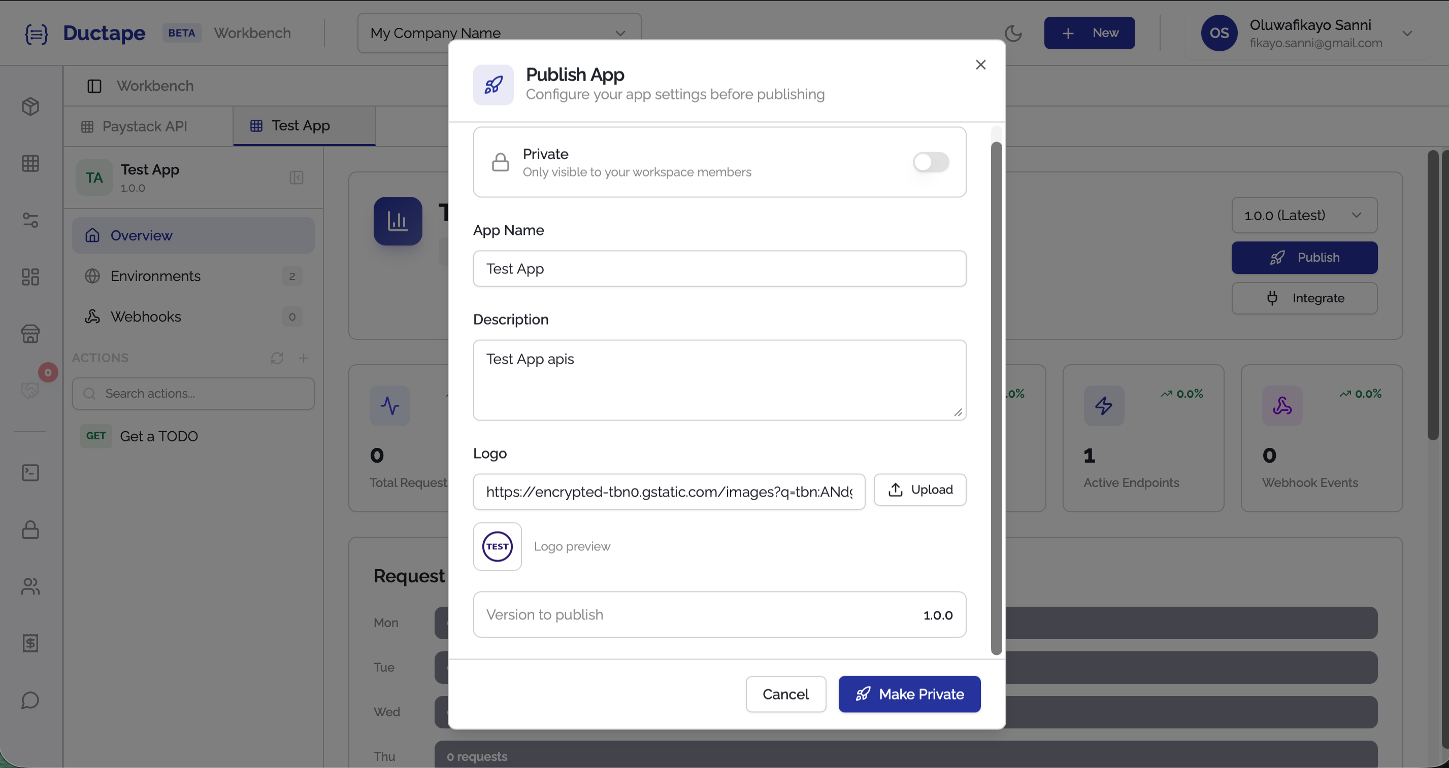 Publish app modal opening from overview page