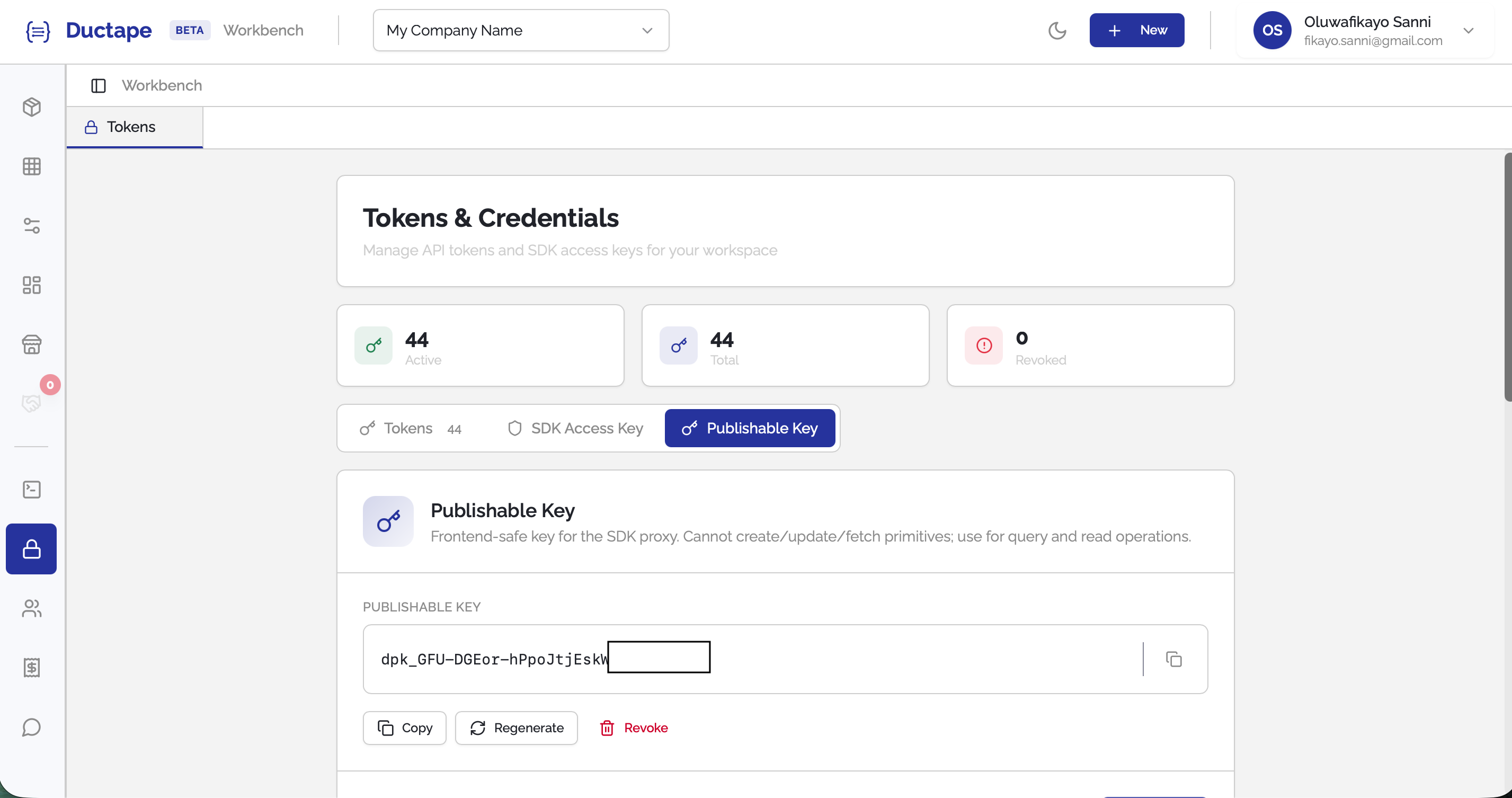 Publishable key tab displaying the public SDK key