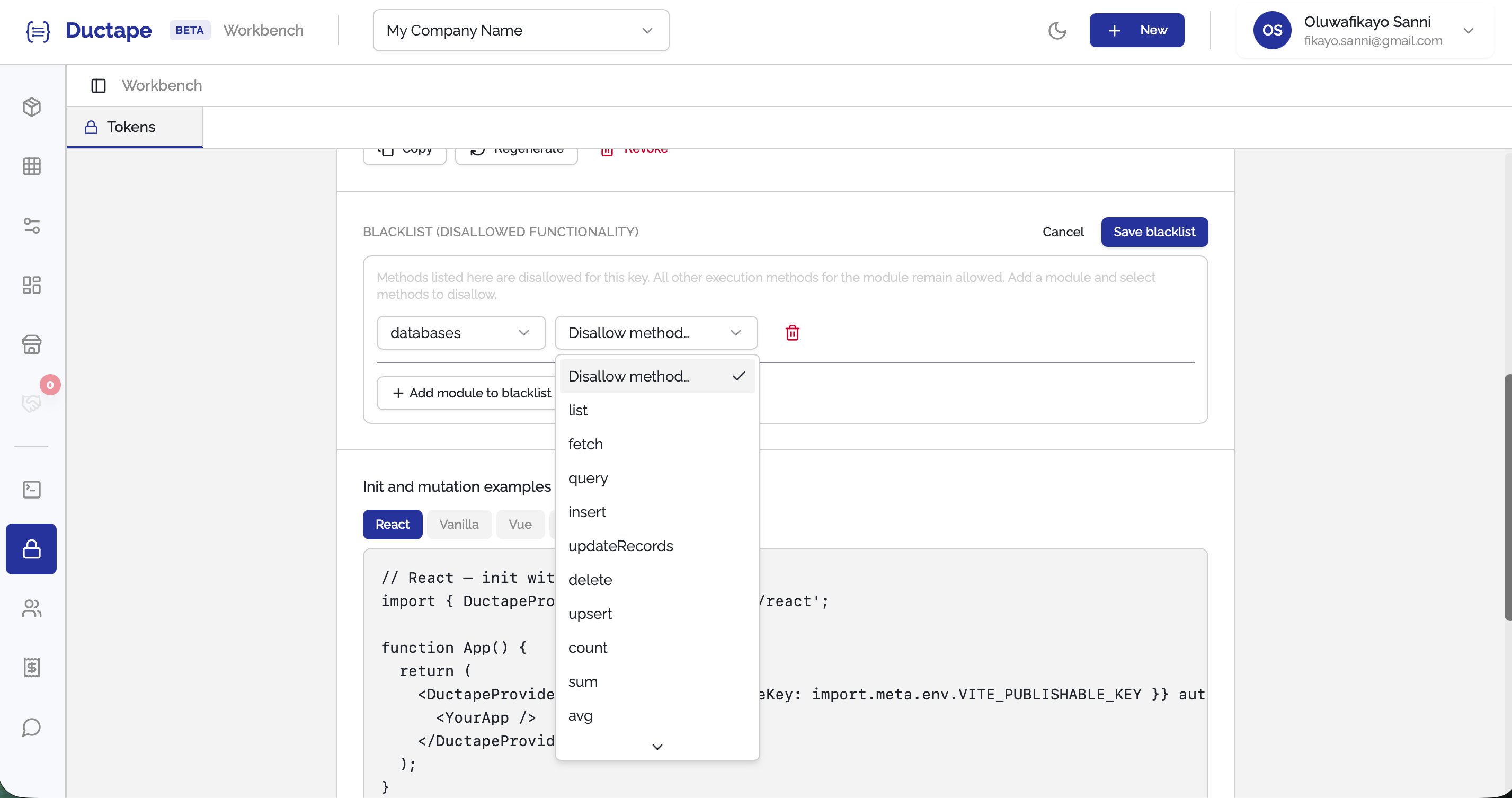 Blacklist actions modal allowing module and functionality restrictions