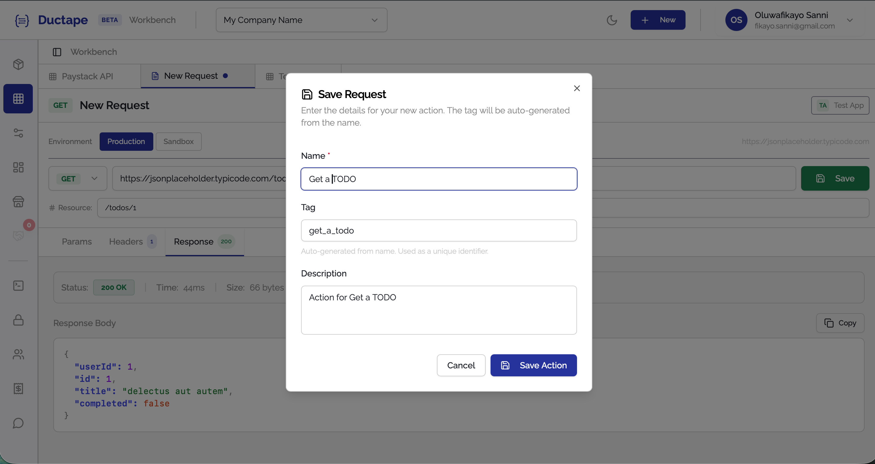 Save action modal showing name, tag, and description fields