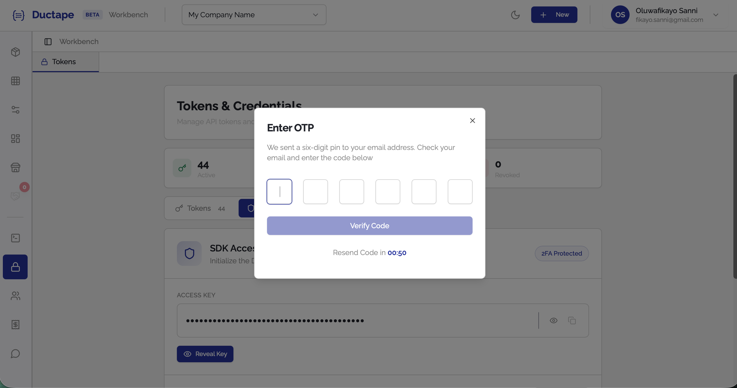 OTP verification modal requesting code sent to user email