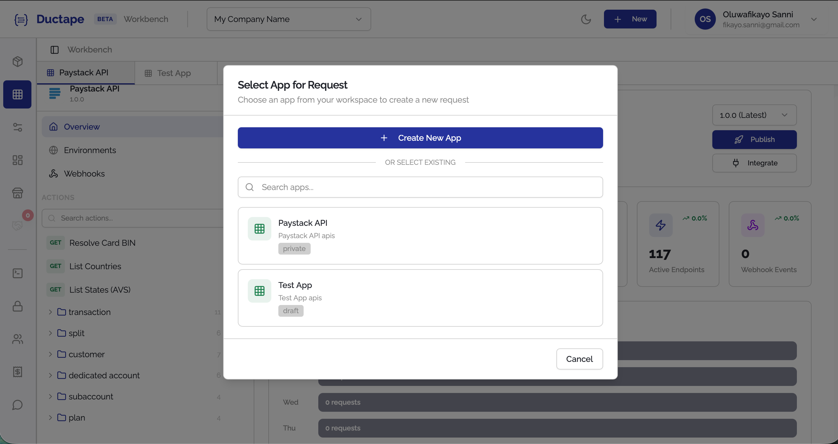 Select app screen showing existing apps and create new option