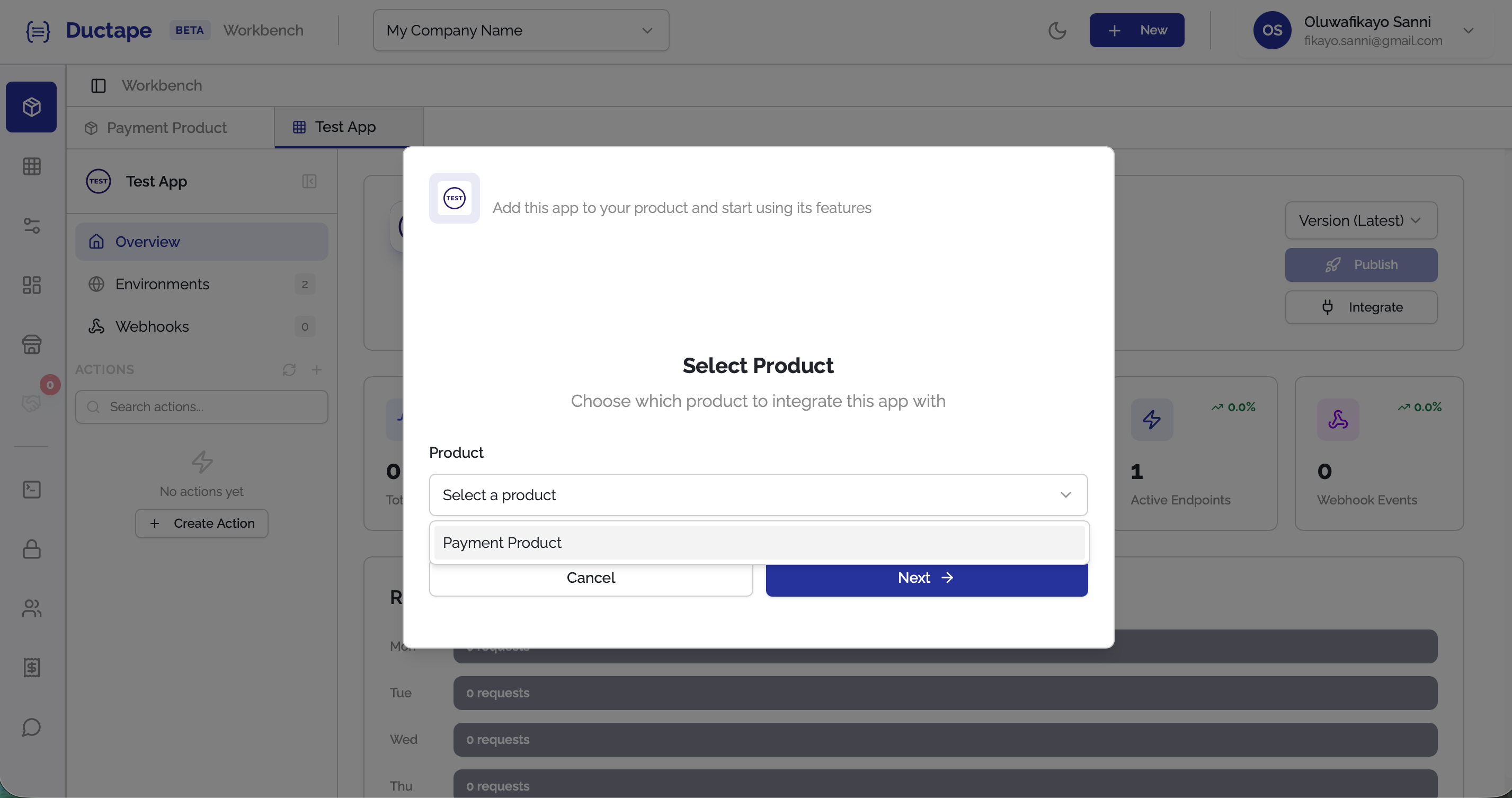 Integrate button on app overview page