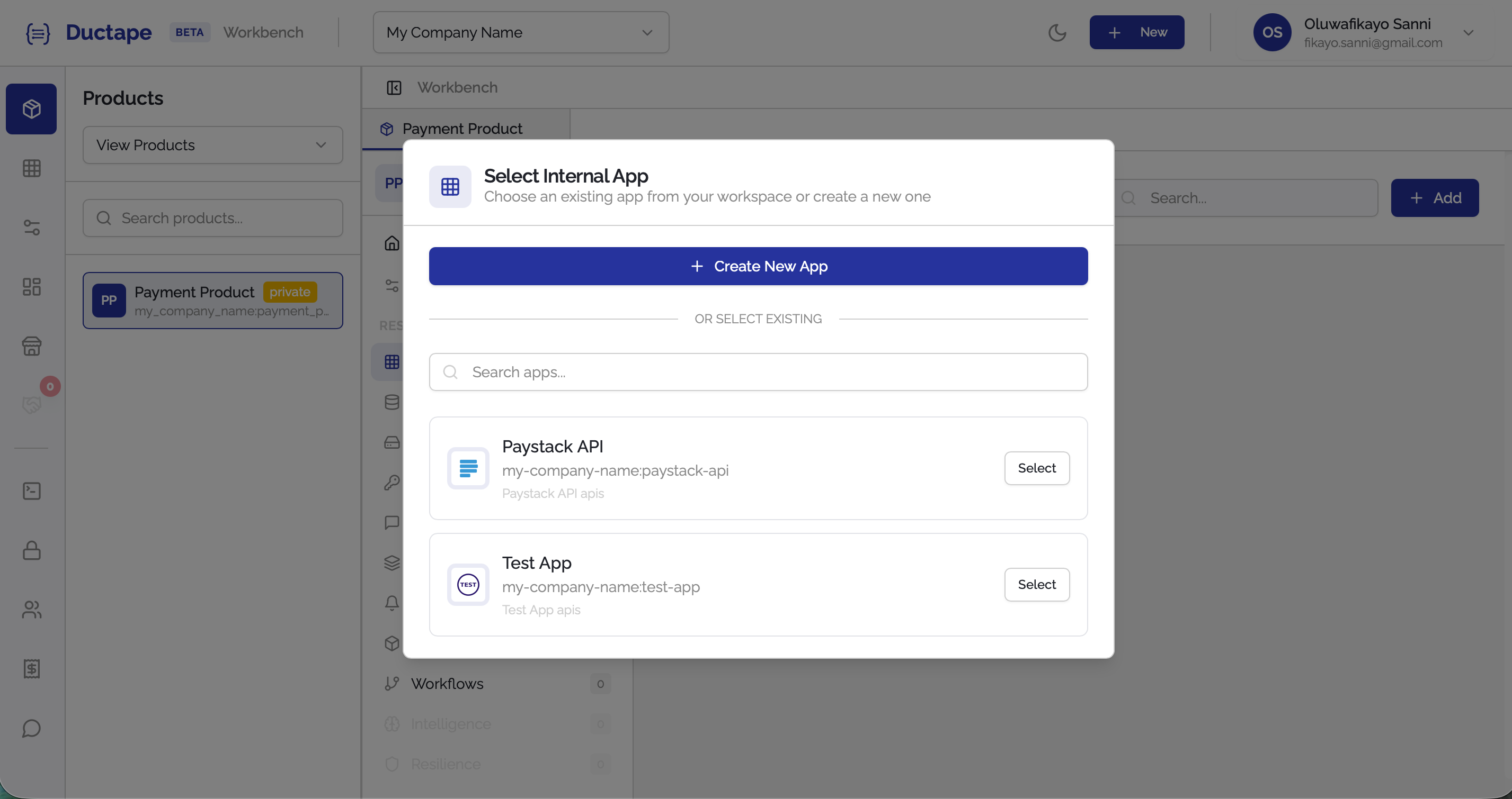 Workspace apps modal showing selectable apps