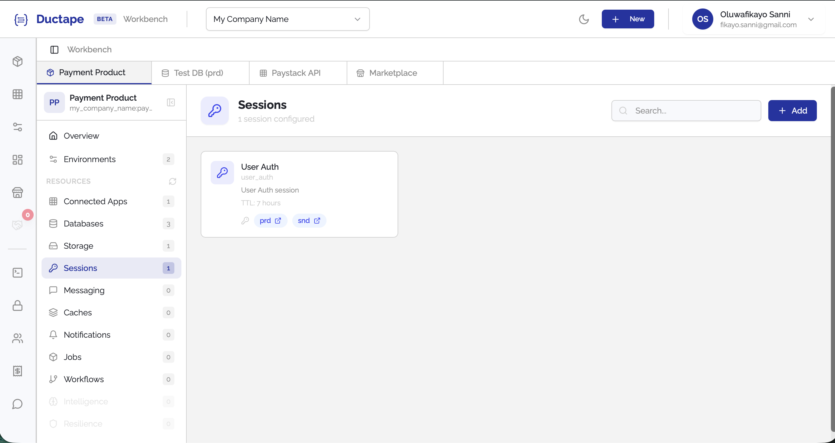 Sessions list showing newly created session configuration