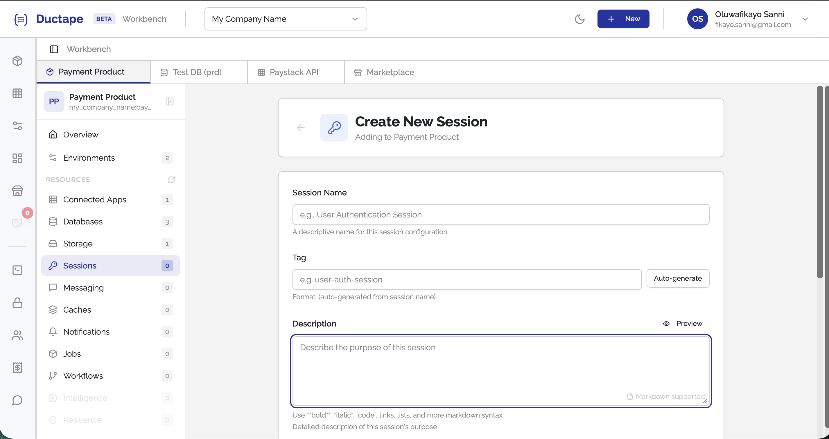 Session configuration form showing name, tag, and description fields
