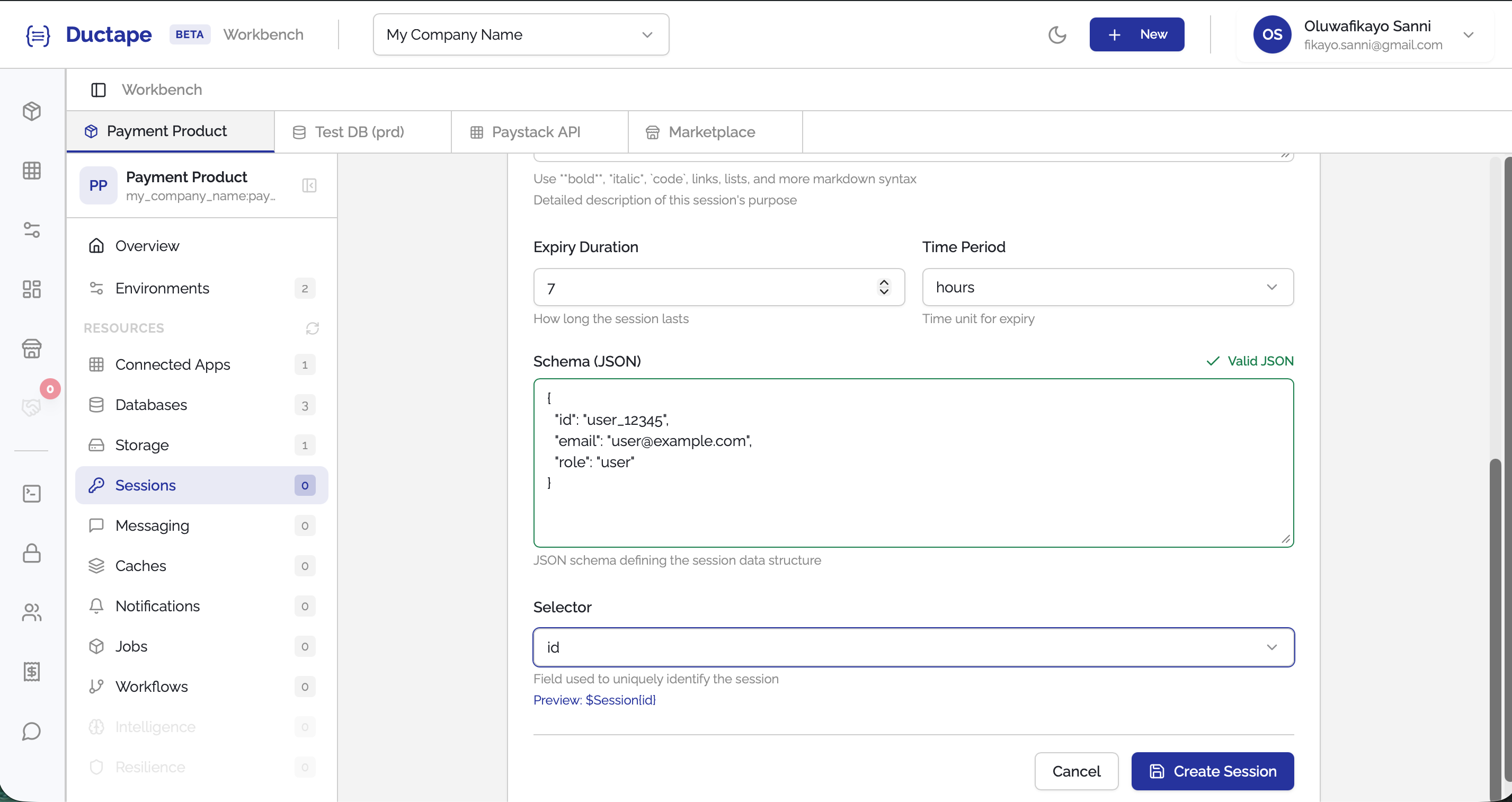 Session schema editor showing JSON schema input