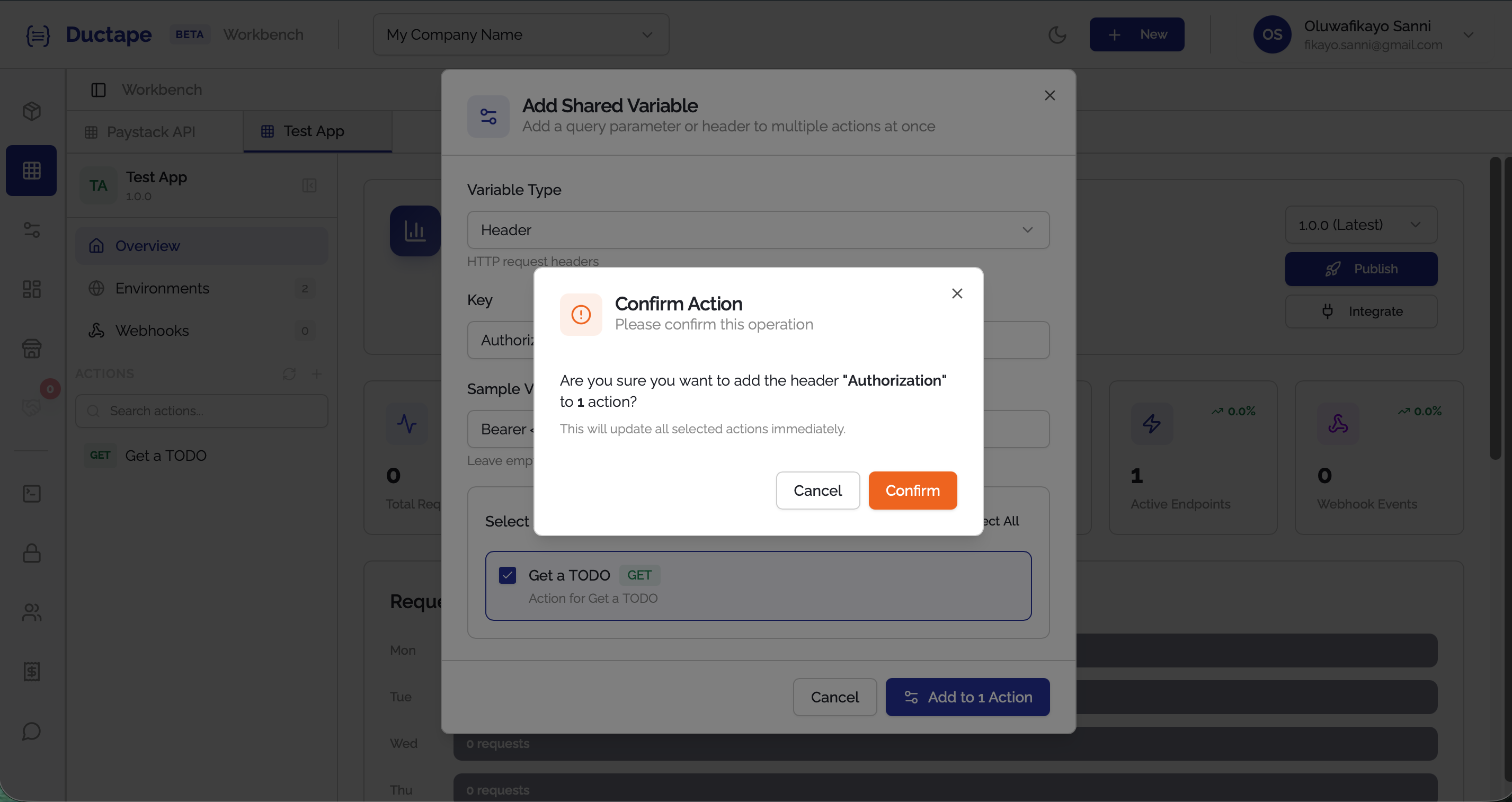Confirm action modal for adding shared variable