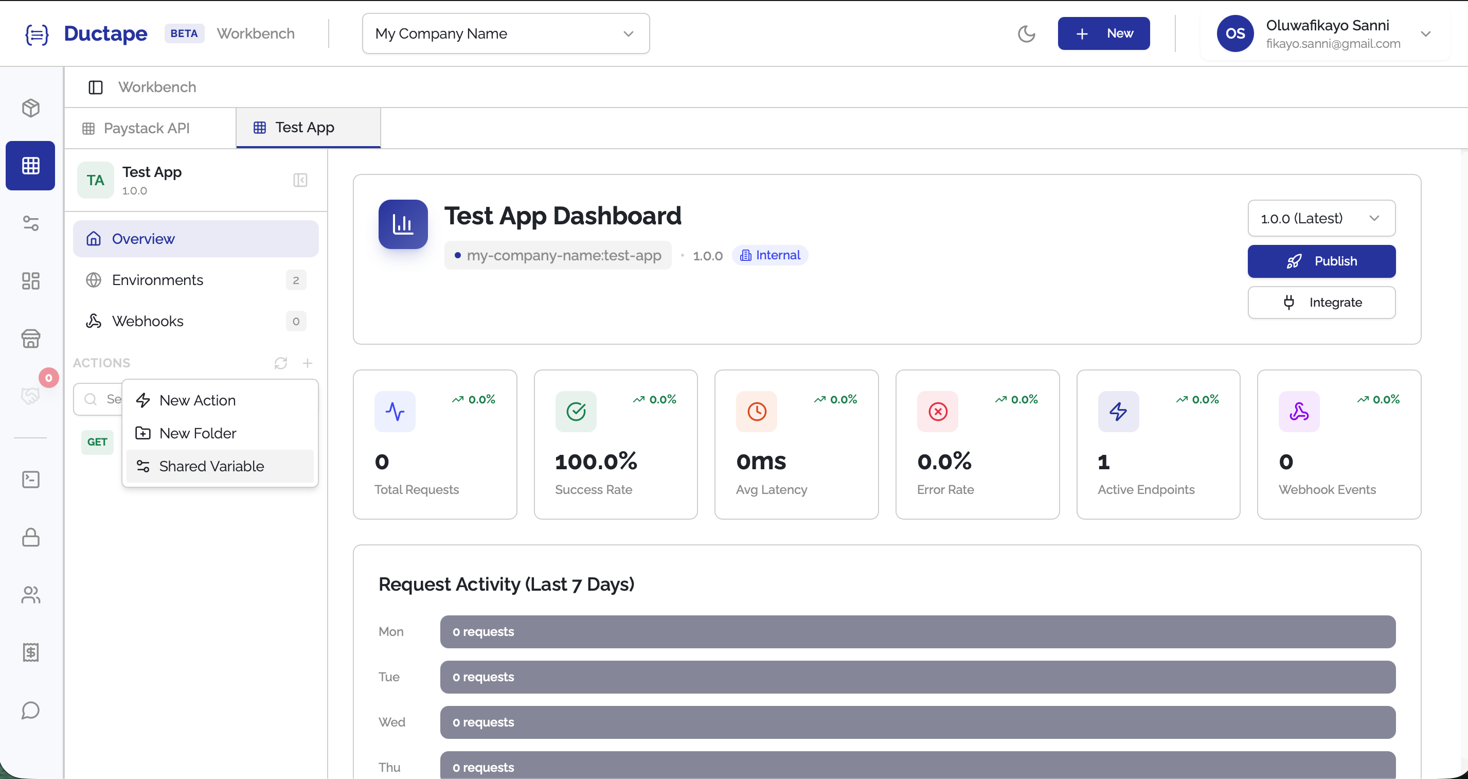 Dropdown menu showing New Action, New Folder, and Shared Variable options