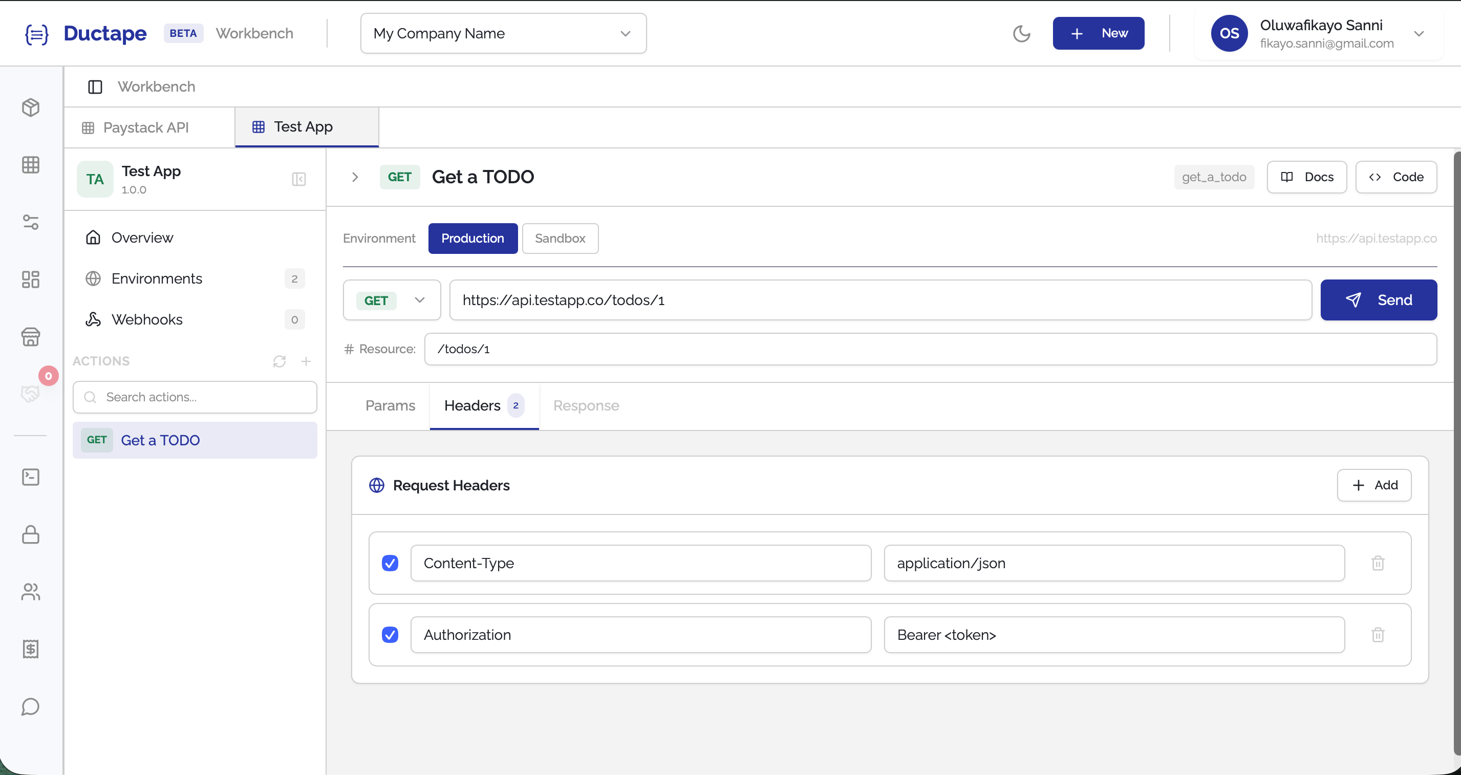 Action editor showing newly added header or query parameter
