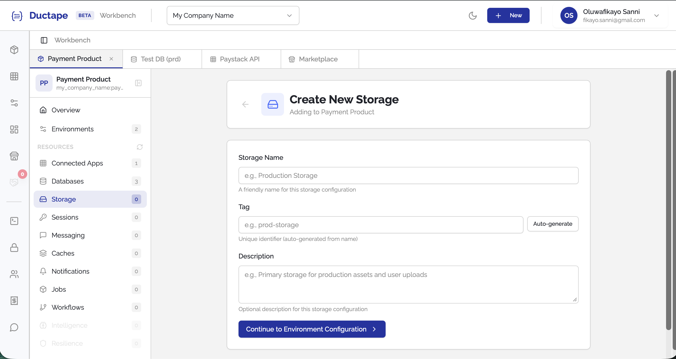 Storage configuration form showing name, tag, and storage type selector