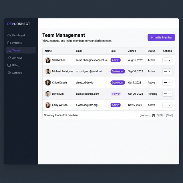 Team management page showing a table of members with their roles and action buttons