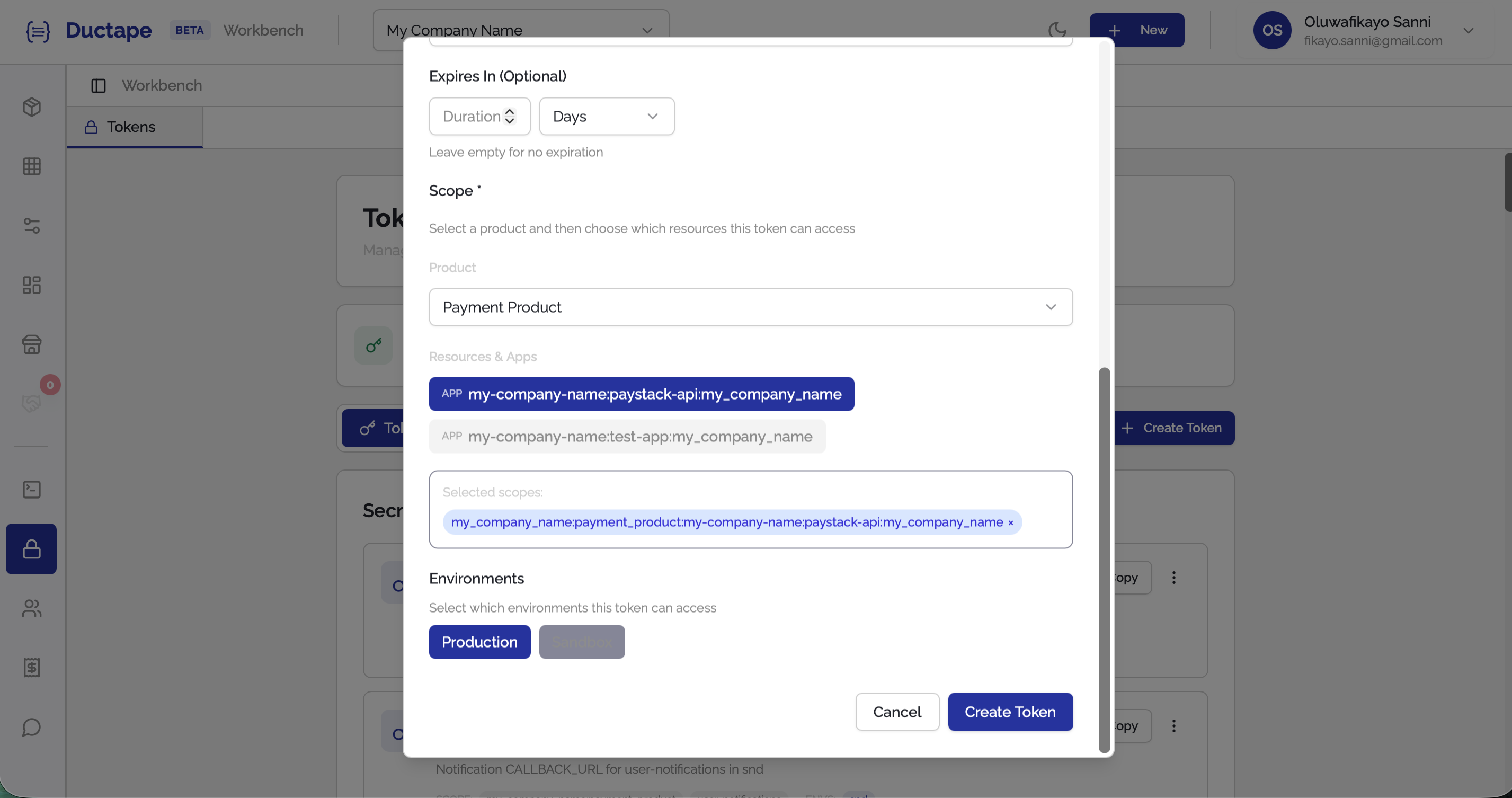 Environment selector showing production and sandbox options