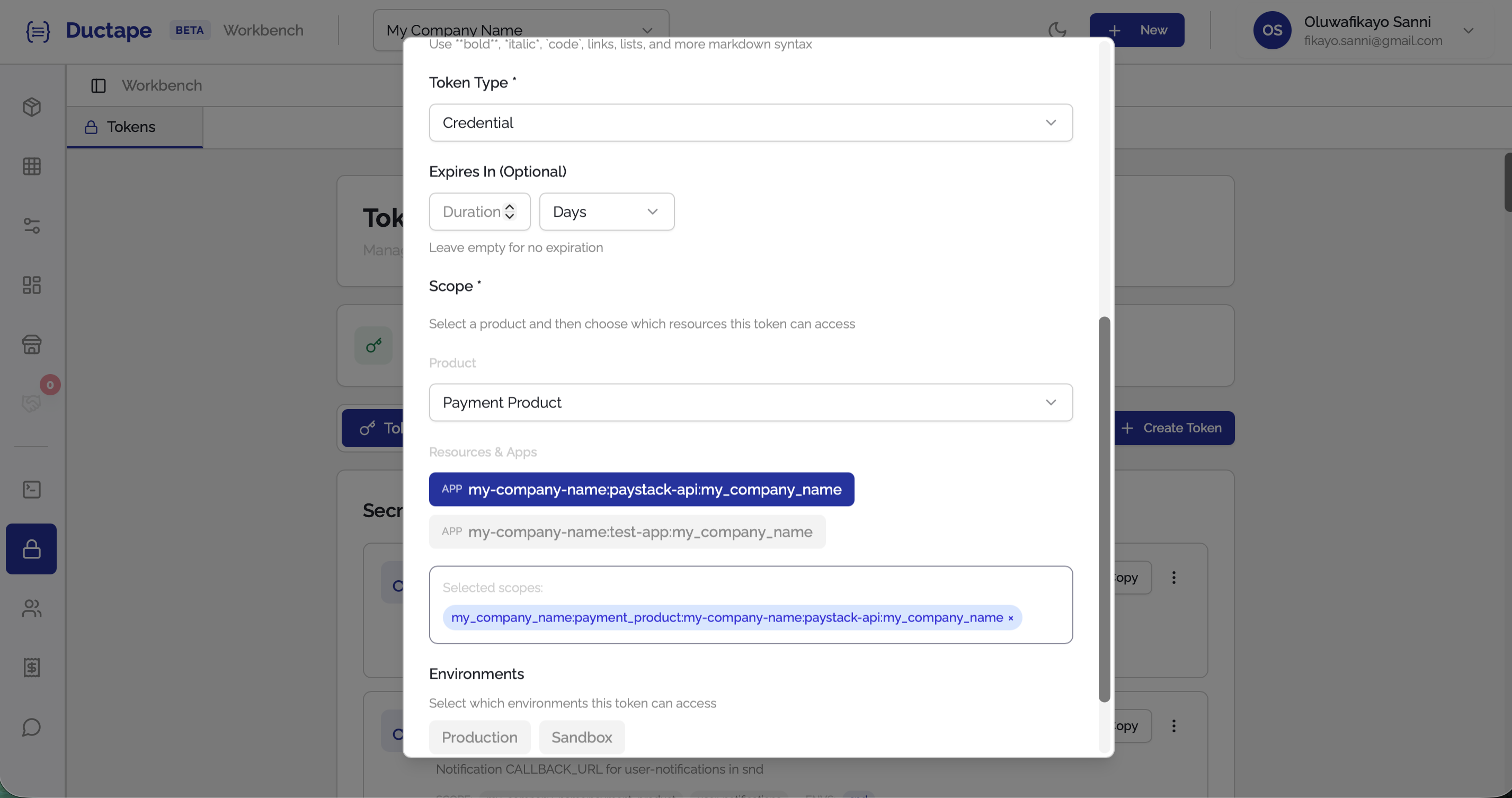 Token scope configuration selecting products and apps