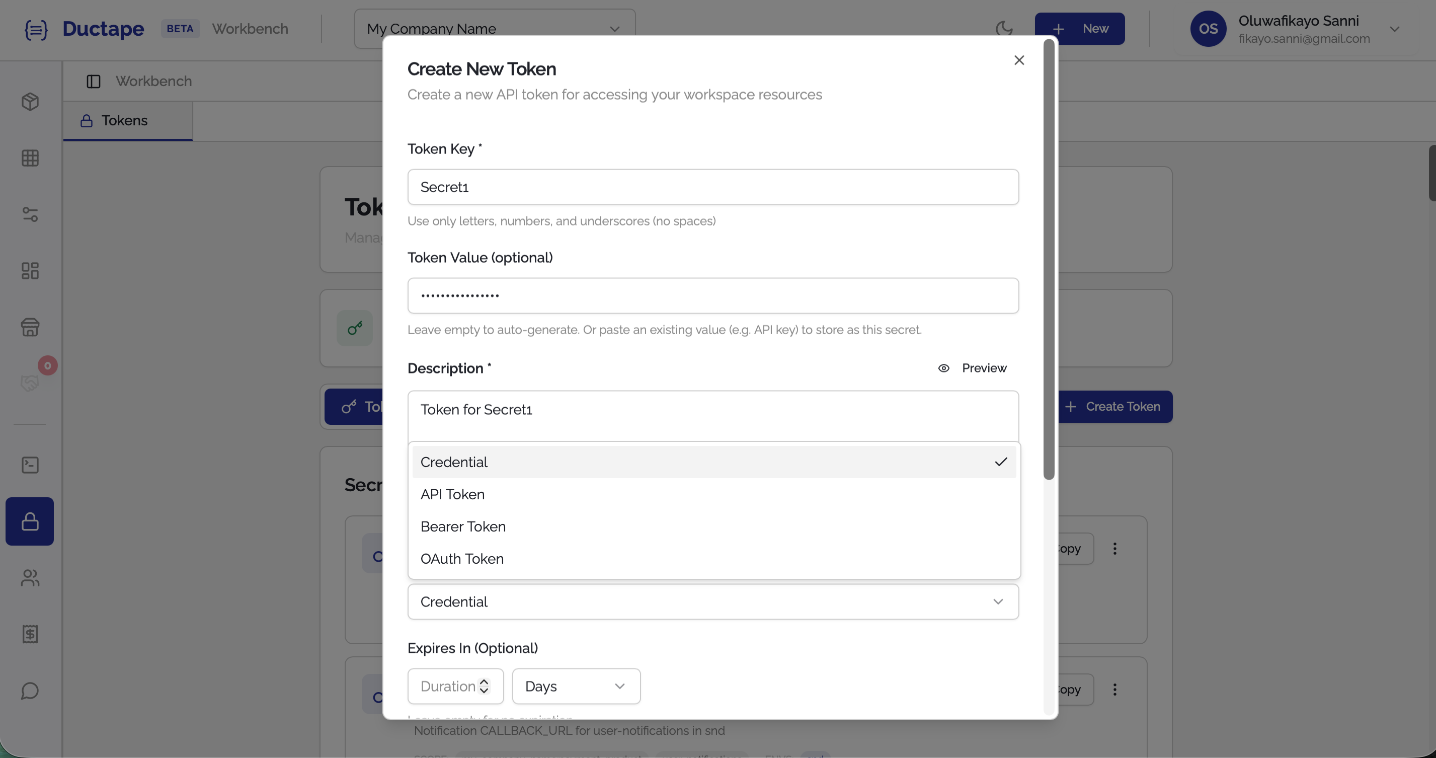 Token type dropdown showing available token categories