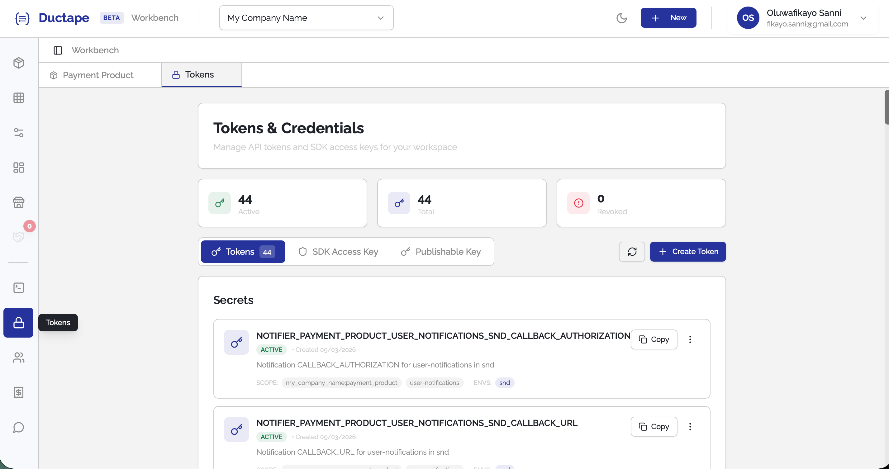 Tokens page showing token management table and create button